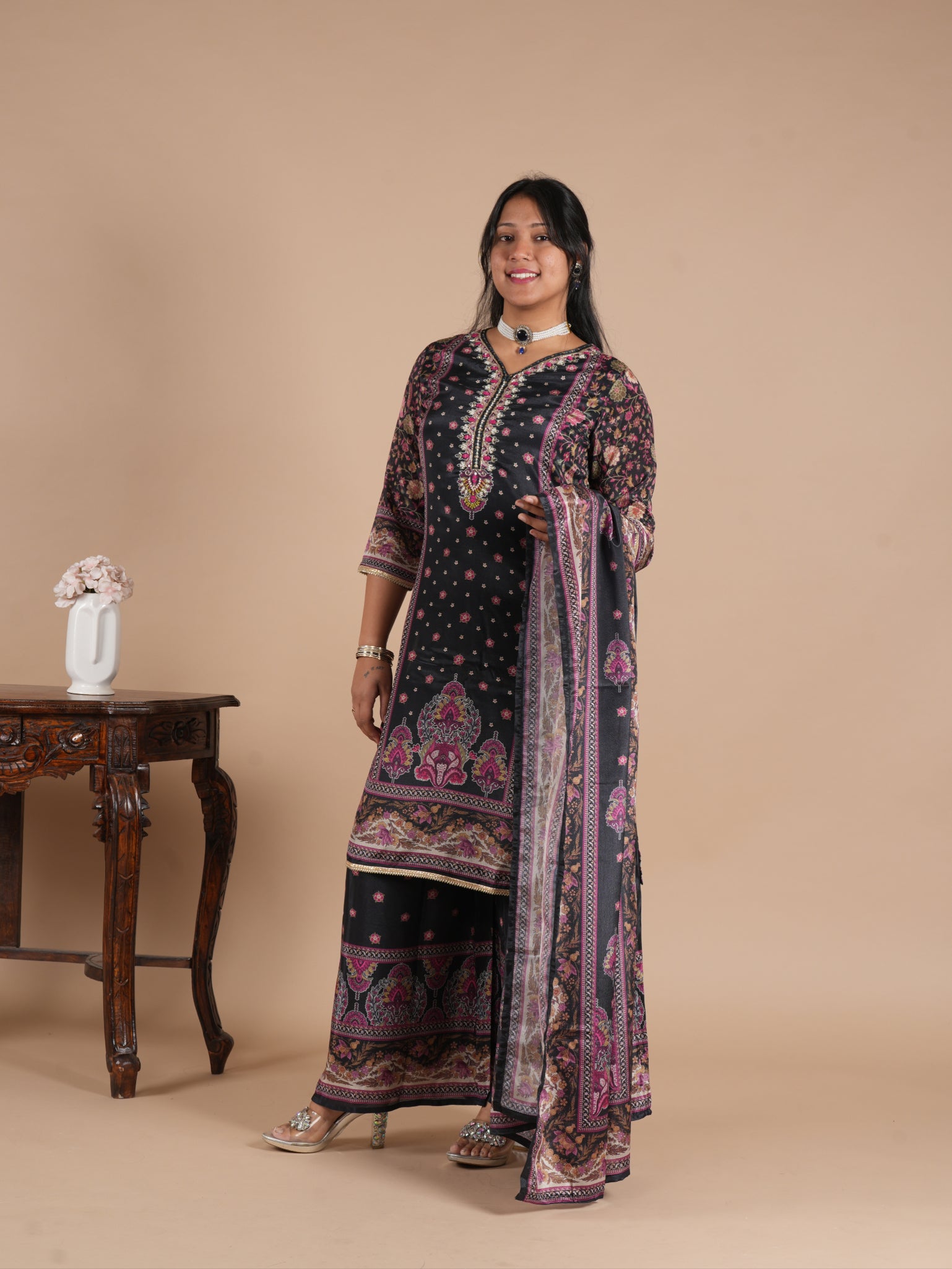 Navy Blue Chinon Digital Printed Suit Set | V-Neck Embroidery with Handwork & Beads work Detail, Lace Hem & Sleeves | Printed Chinon Palazzo & Dupatta | Women's Ethnic Wear