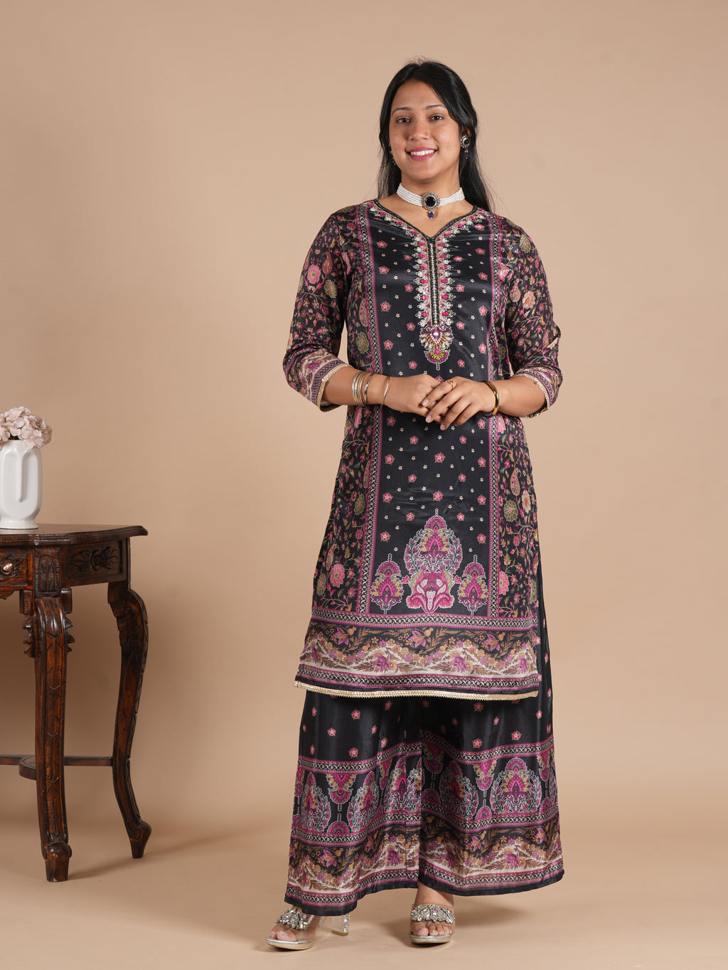 Navy Blue Chinon Digital Printed Suit Set | V-Neck Embroidery with Handwork & Beads work Detail, Lace Hem & Sleeves | Printed Chinon Palazzo & Dupatta | Women's Ethnic Wear