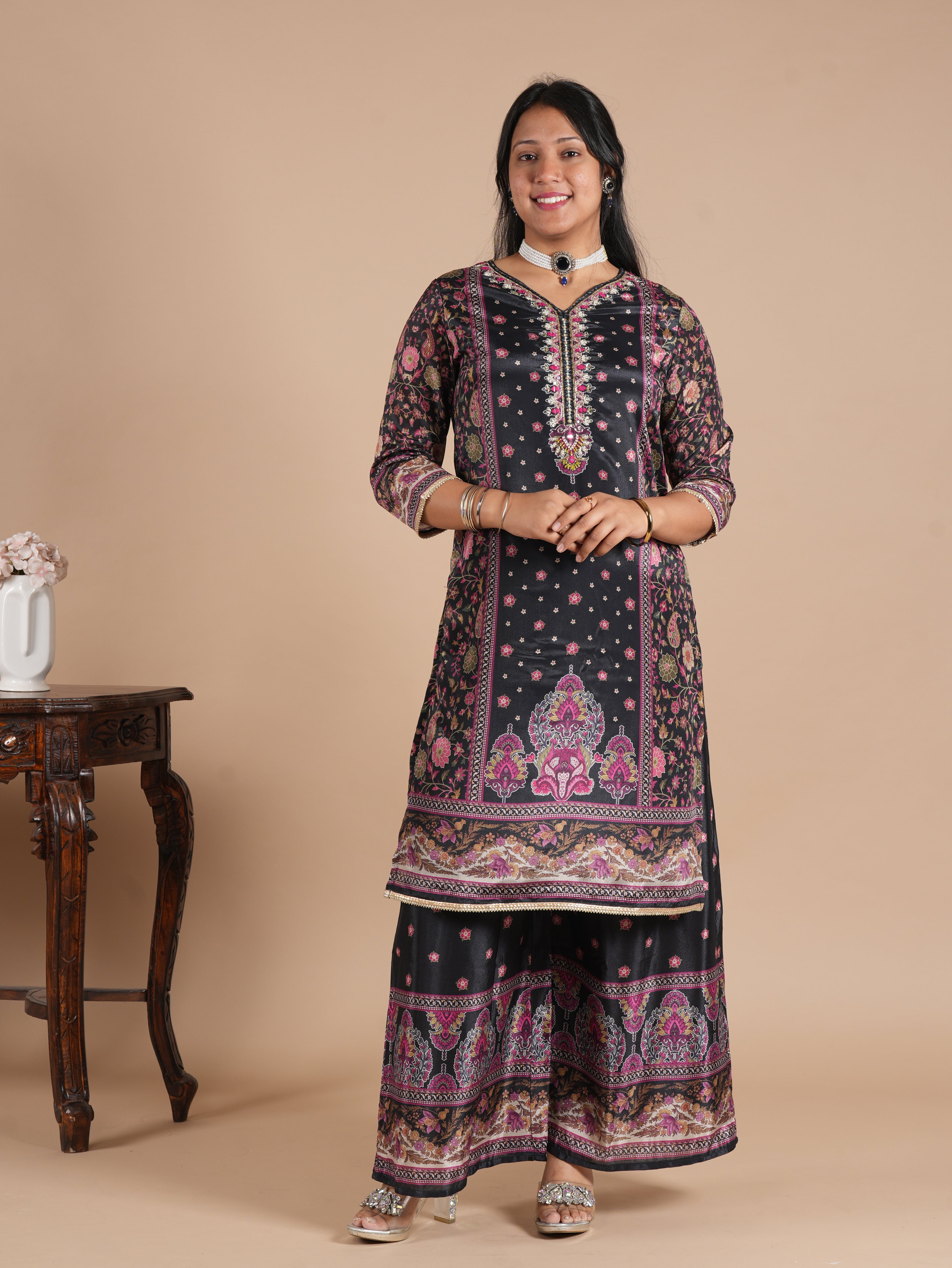 Navy Blue Chinon Digital Printed Suit Set | V-Neck Embroidery with Handwork & Beads work Detail, Lace Hem & Sleeves | Printed Chinon Palazzo & Dupatta | Women's Ethnic Wear