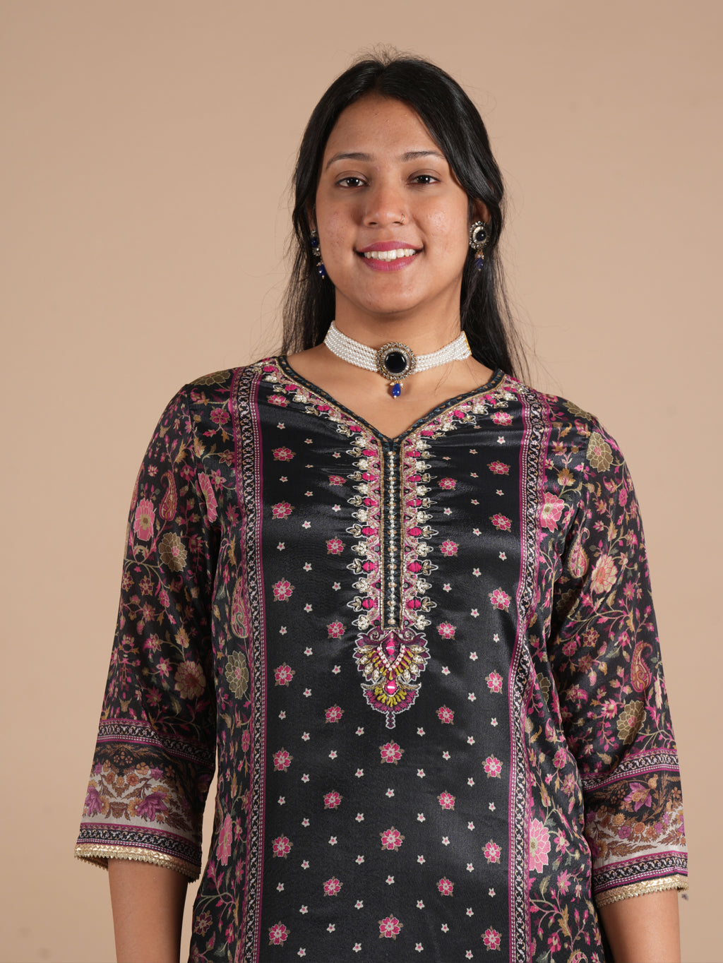 Navy Blue Chinon Digital Printed Suit Set | V-Neck Embroidery with Handwork & Beads work Detail, Lace Hem & Sleeves | Printed Chinon Palazzo & Dupatta | Women's Ethnic Wear