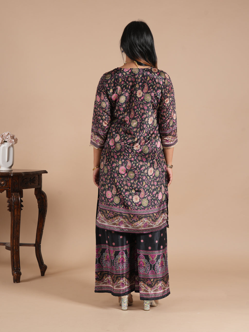 Navy Blue Chinon Digital Printed Suit Set | V-Neck Embroidery with Handwork & Beads work Detail, Lace Hem & Sleeves | Printed Chinon Palazzo & Dupatta | Women's Ethnic Wear