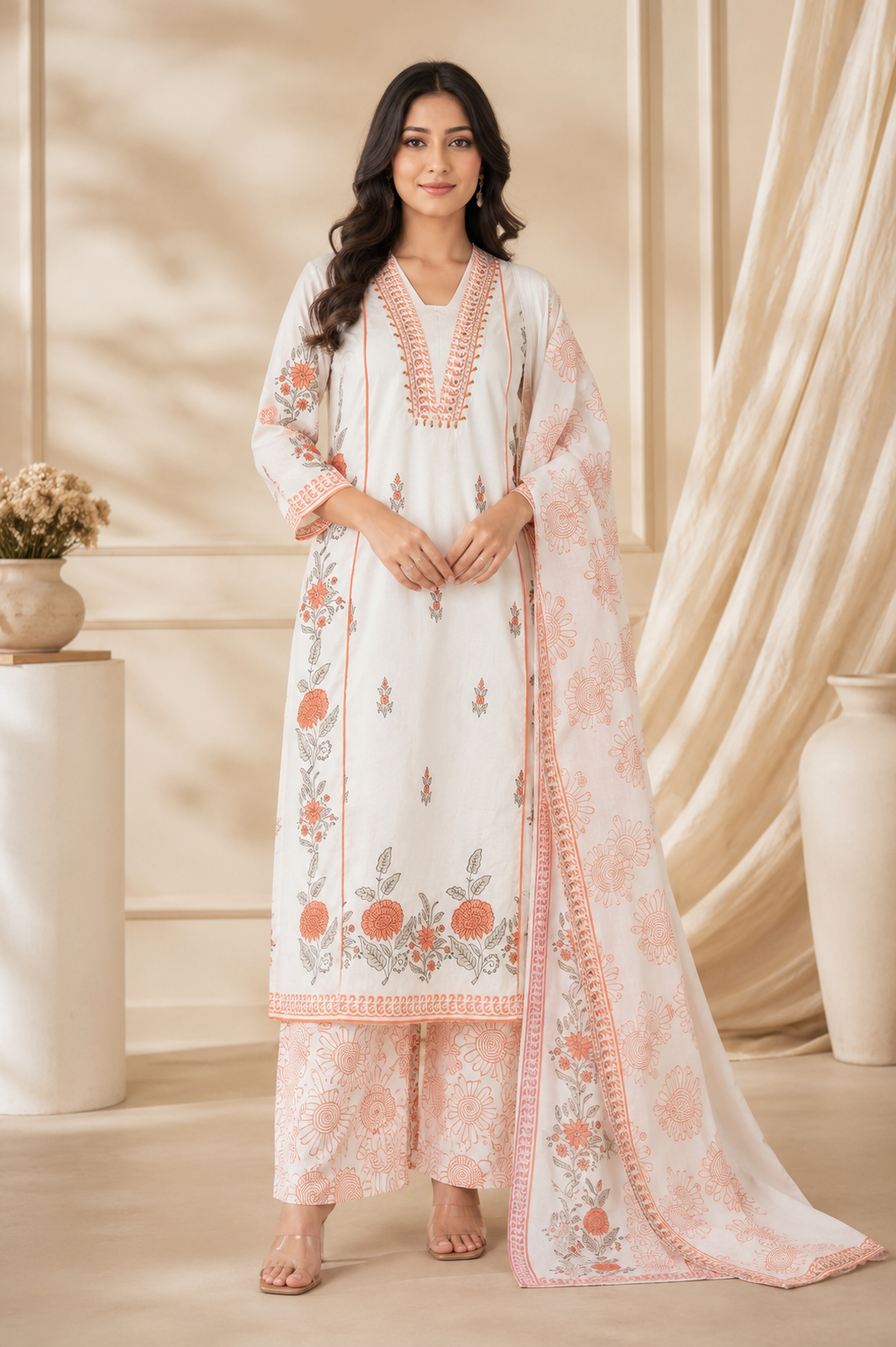 Women's Premium Cotton Block Printed Suit with Minimal Mirror & Beads Work Neck | Front & Back Block Printed Cotton Kurta | Block Printed Cotton Dupatta & Pant | Summer Ethnic Wear