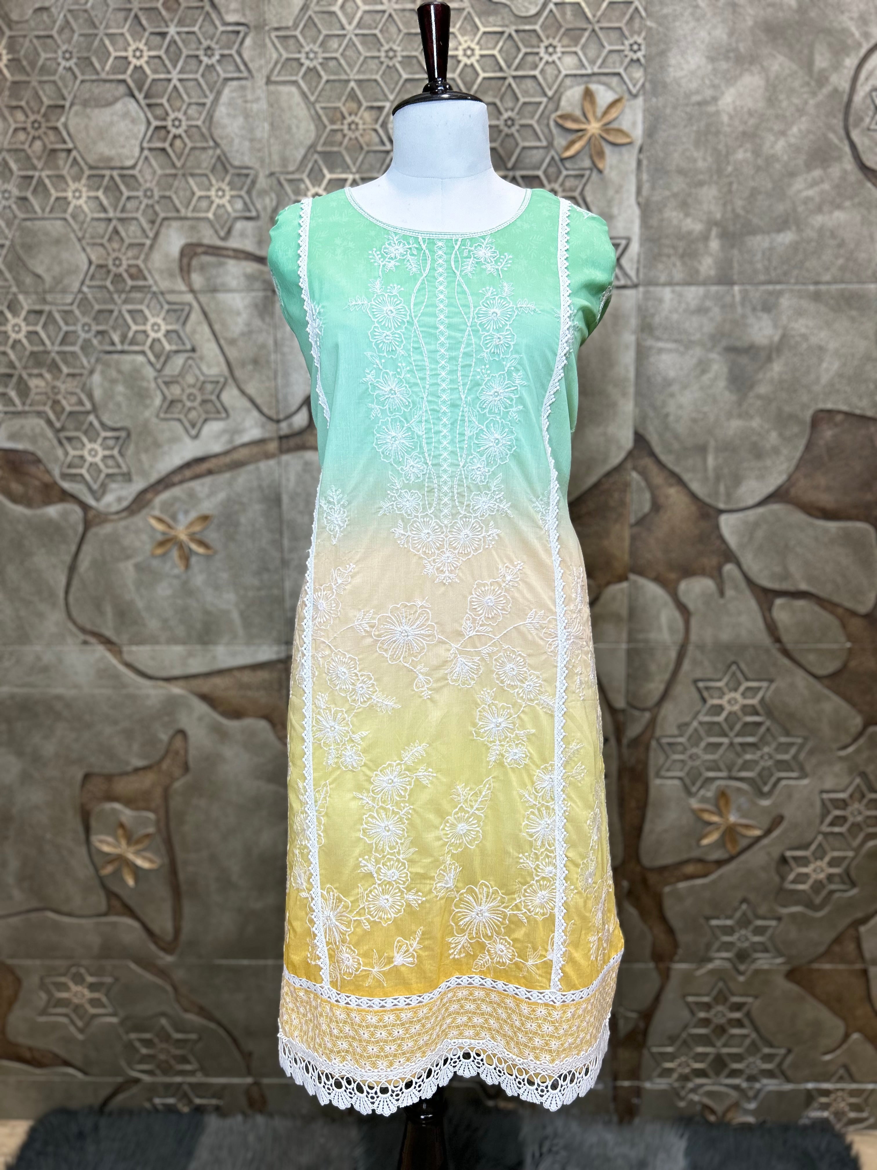 Ombre Shade Mul Cotton Unstitched Suit | Floral Thread Embroidery & Cutdana Handwork | Lacework Ghera and Sleeves | Digital Print Back And Chiffon Dupatta