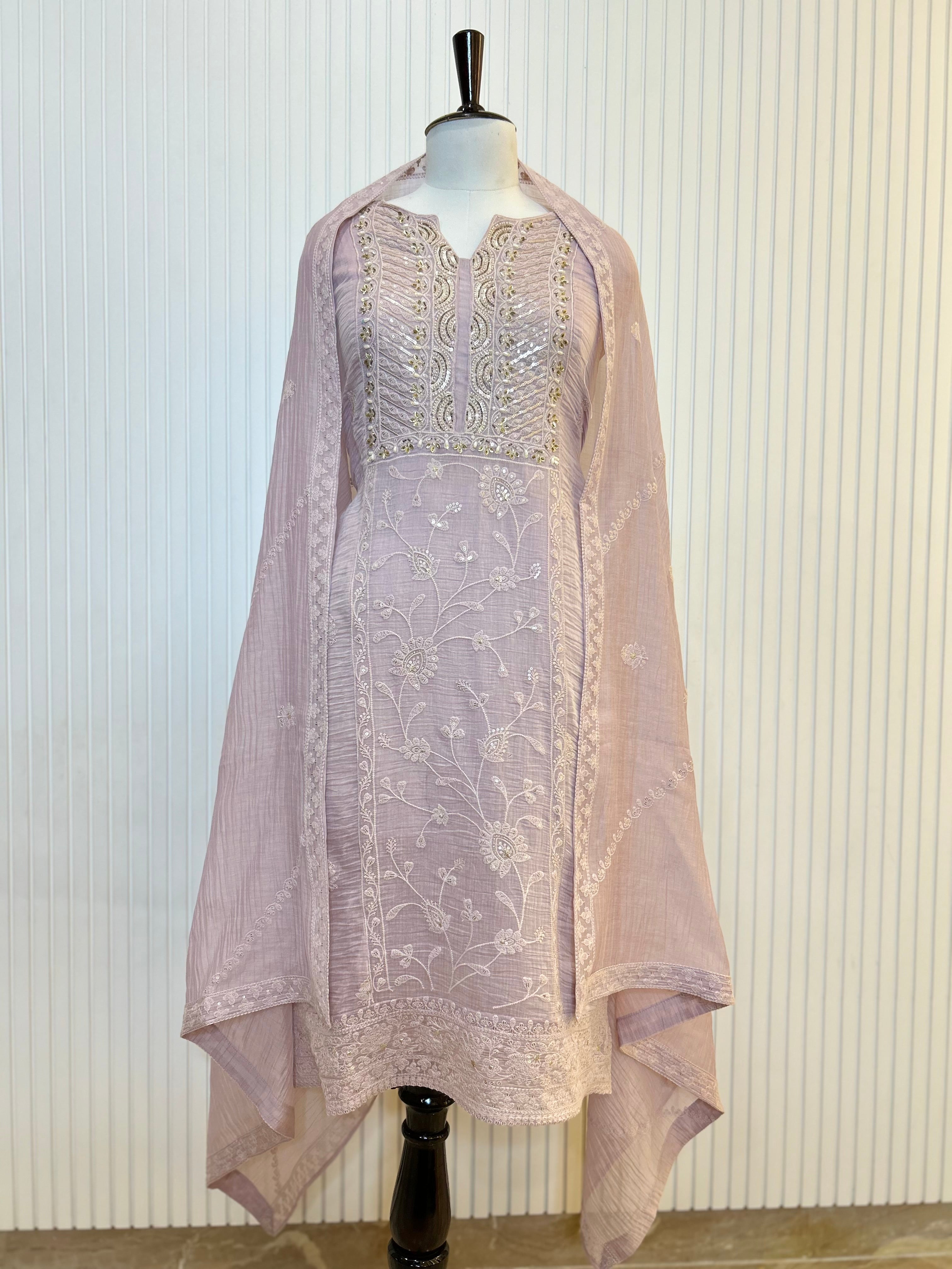 Mul Cotton Embroidered Unstitched Suit Set with Beads Work Neck And Embroidered Mul Cotton Dupatta | Premium Ethnic Wear Material for Women
