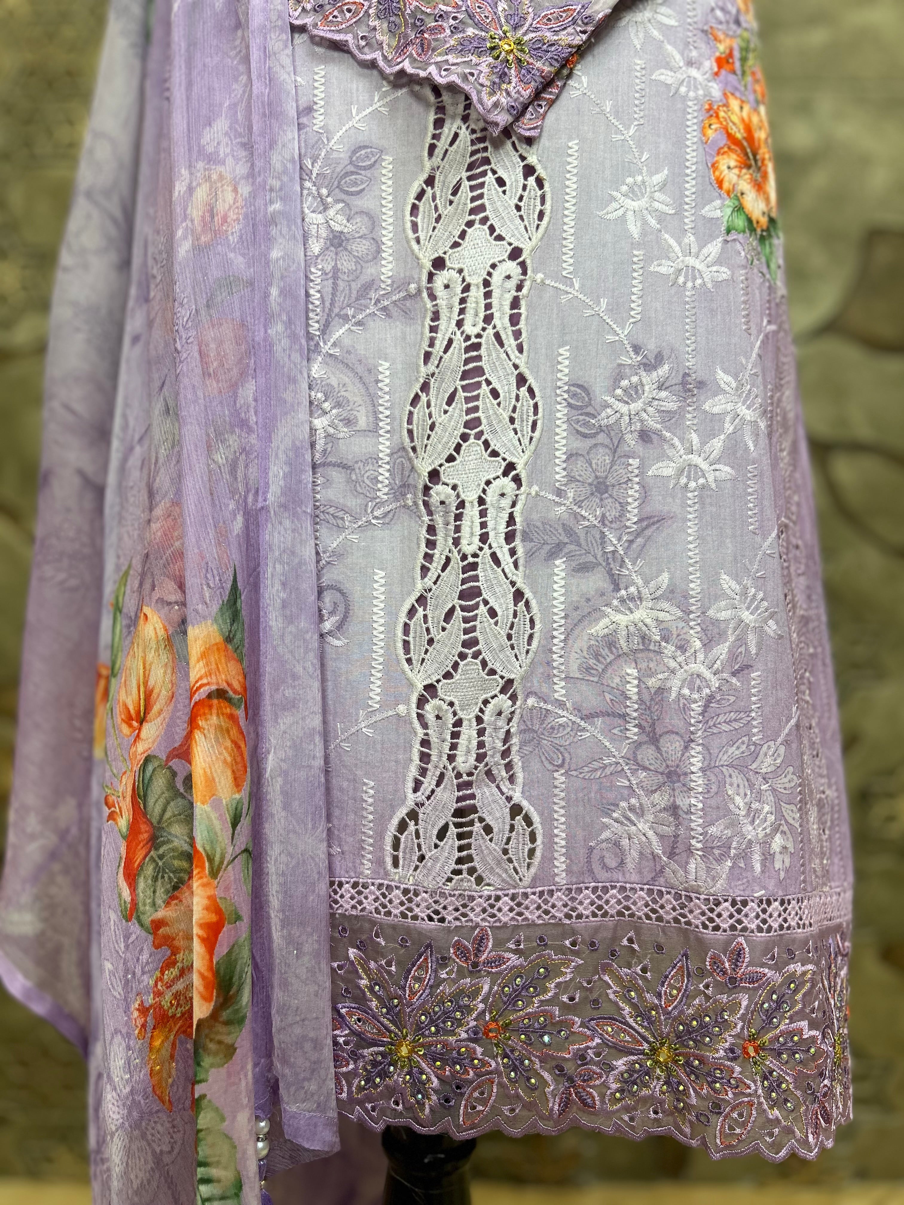 Pakistani Style Cambric Unstitched Suit | Digital Print Front & Back | Thread Embroidery And Boring Work | Lacework on Sleeves & Ghera | Digital Print Chiffon Dupatta | Ethnic Wear for Women