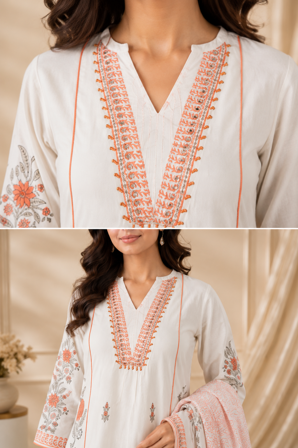 Women's Premium Cotton Block Printed Suit with Minimal Mirror & Beads Work Neck | Front & Back Block Printed Cotton Kurta | Block Printed Cotton Dupatta & Pant | Summer Ethnic Wear