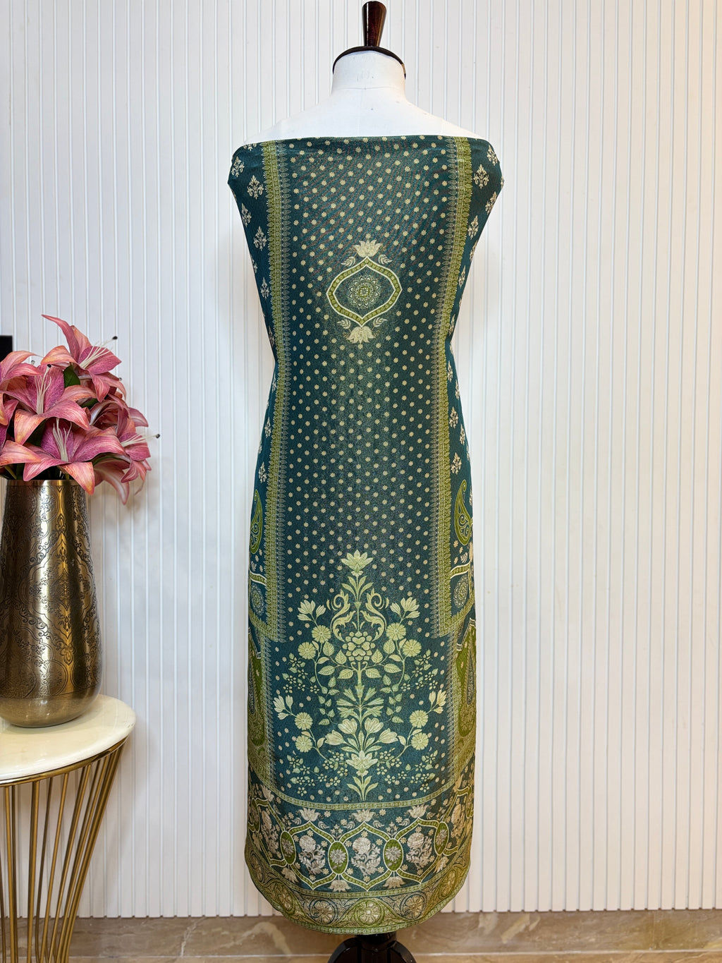 Shimmer Front & Back Printed Unstitched Suit with Dori Embroidery & Beads Work Paired with Digital Print Shimmer Dupatta