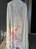 Women's Chinon Fabric Unstitched Suit | Botanical Floral Digital Print Front & Back With Sequin Floral Cutwork Neck, Ghera and Sleeves Paired With Matching Chinon Embroidered Dupatta