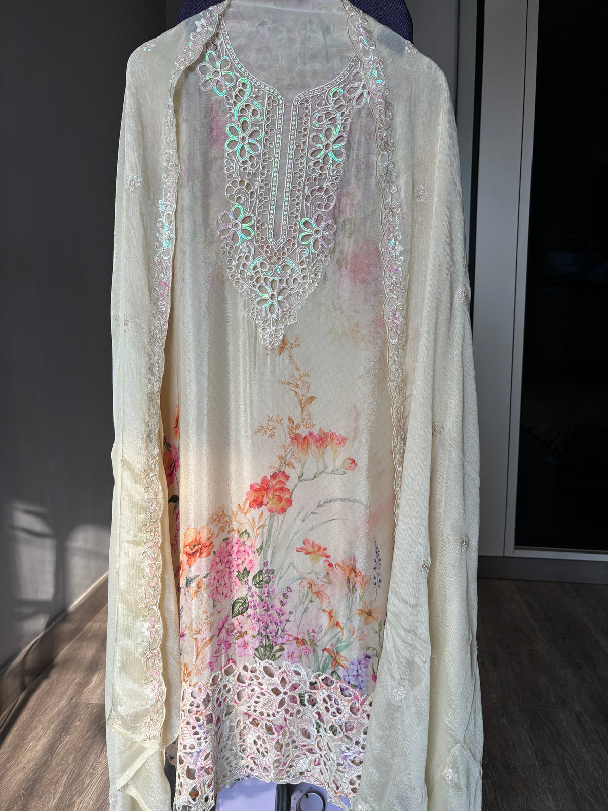 Women's Chinon Fabric Unstitched Suit | Botanical Floral Digital Print Front & Back With Sequin Floral Cutwork Neck, Ghera and Sleeves Paired With Matching Chinon Embroidered Dupatta