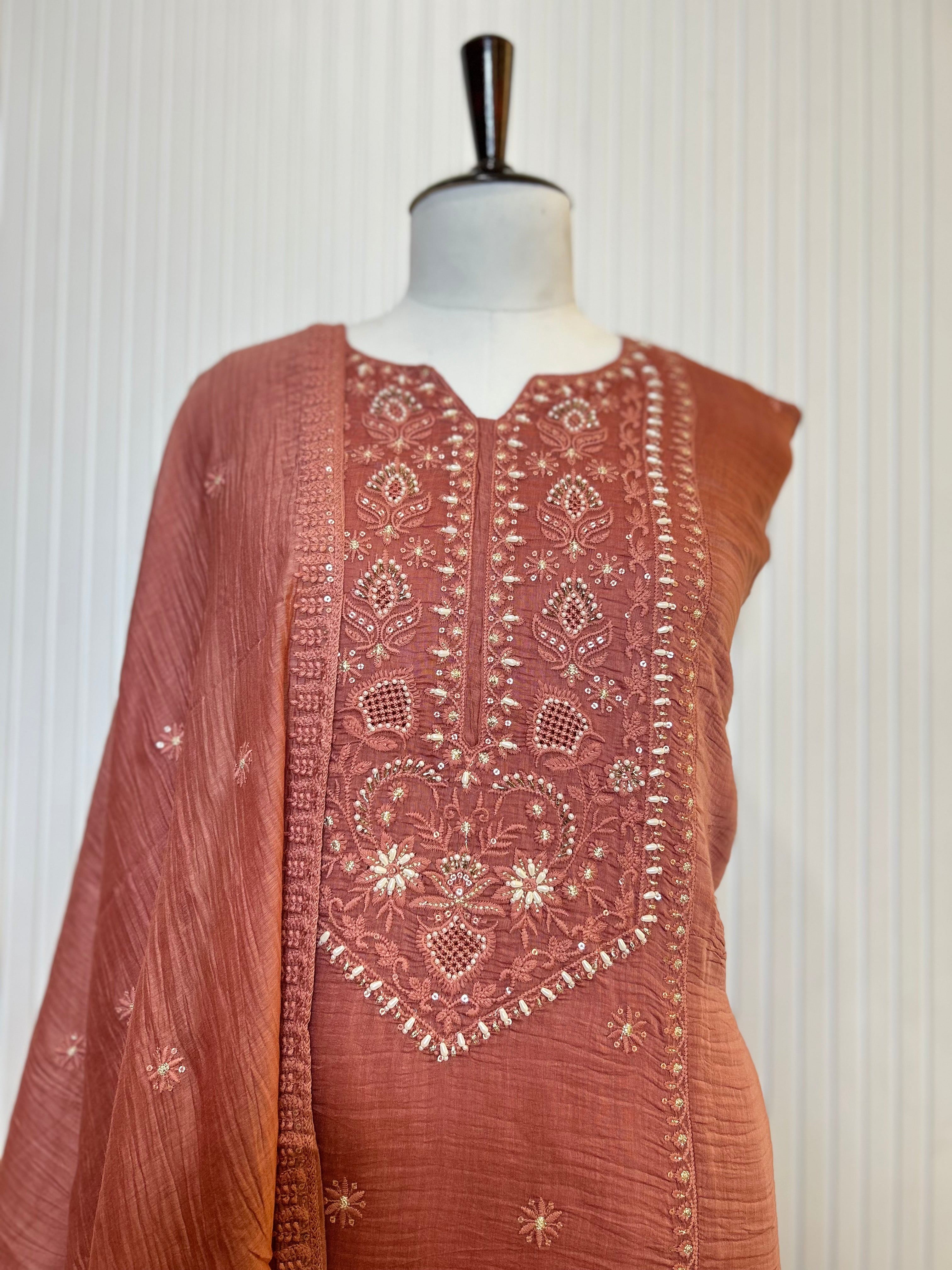 Mul Cotton Embroidered Unstitched Suit Set with Hand Beads Work & Embroidered Mul Cotton Dupatta | Premium Ethnic Salwar Suit Material for Women