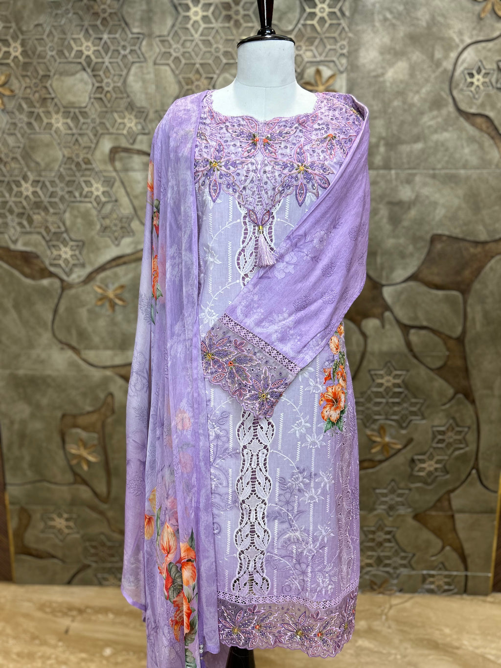 Pakistani Style Cambric Unstitched Suit | Digital Print Front & Back | Thread Embroidery And Boring Work | Lacework on Sleeves & Ghera | Digital Print Chiffon Dupatta | Ethnic Wear for Women