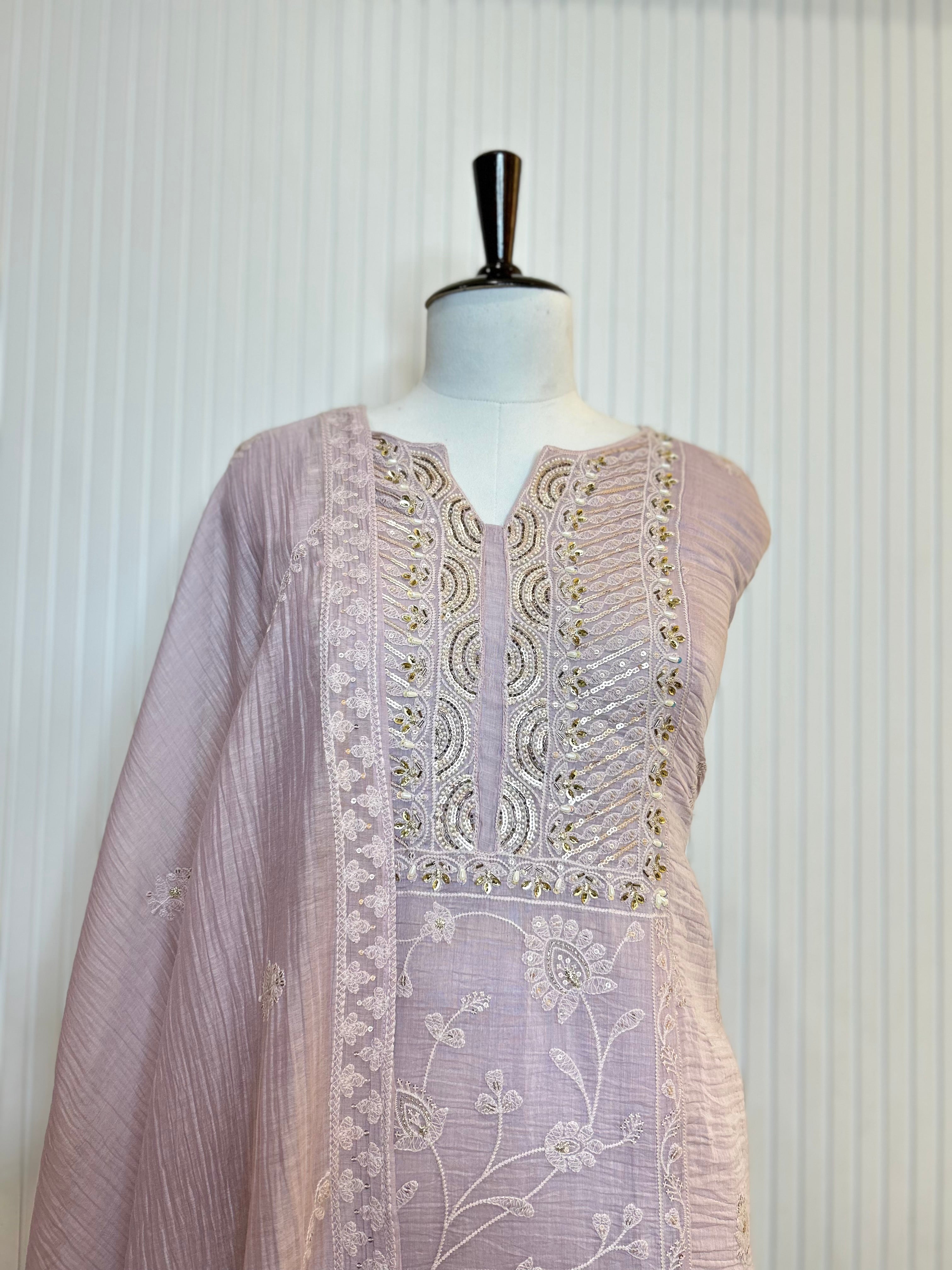 Mul Cotton Embroidered Unstitched Suit Set with Beads Work Neck And Embroidered Mul Cotton Dupatta | Premium Ethnic Wear Material for Women