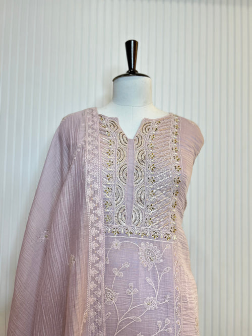 Mul Cotton Embroidered Unstitched Suit Set with Beads Work Neck And Embroidered Mul Cotton Dupatta | Premium Ethnic Wear Material for Women