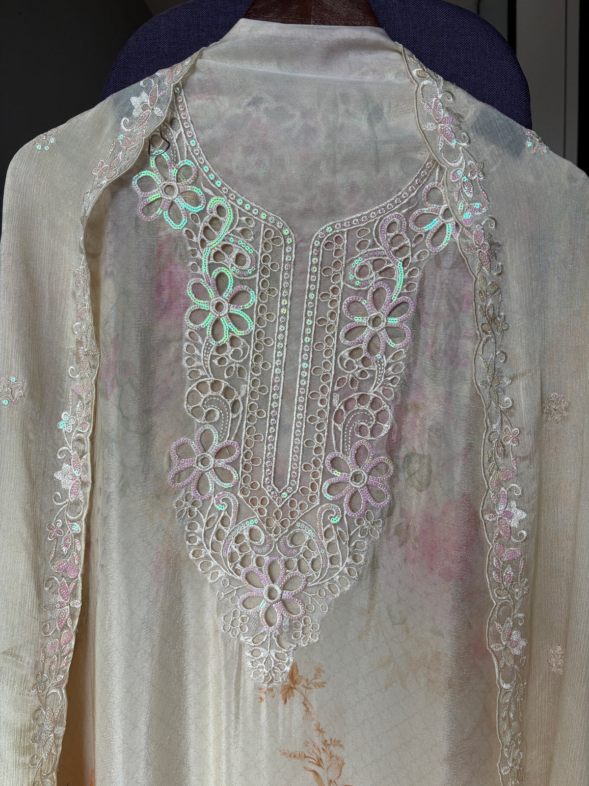 Women's Chinon Fabric Unstitched Suit | Botanical Floral Digital Print Front & Back With Sequin Floral Cutwork Neck, Ghera and Sleeves Paired With Matching Chinon Embroidered Dupatta