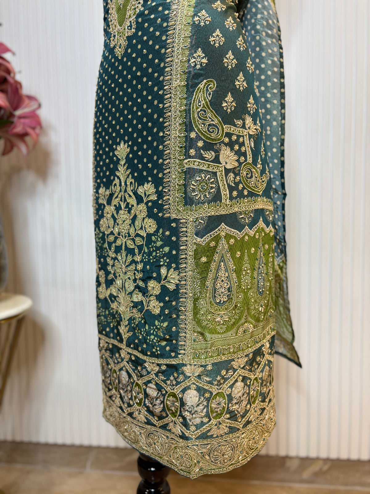 Shimmer Front & Back Printed Unstitched Suit with Dori Embroidery & Beads Work Paired with Digital Print Shimmer Dupatta