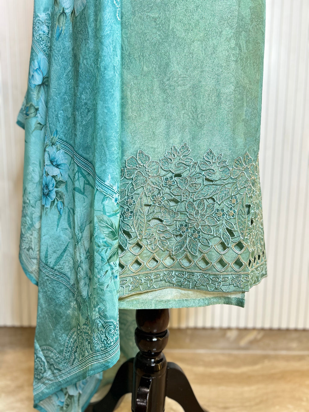 Shimmer Unstitched Printed Suit with Embroidered, Boring And Sequins Work Neck And Embroidered Cutwork Ghera Paired With Digitally Printed Tabby Dupatta