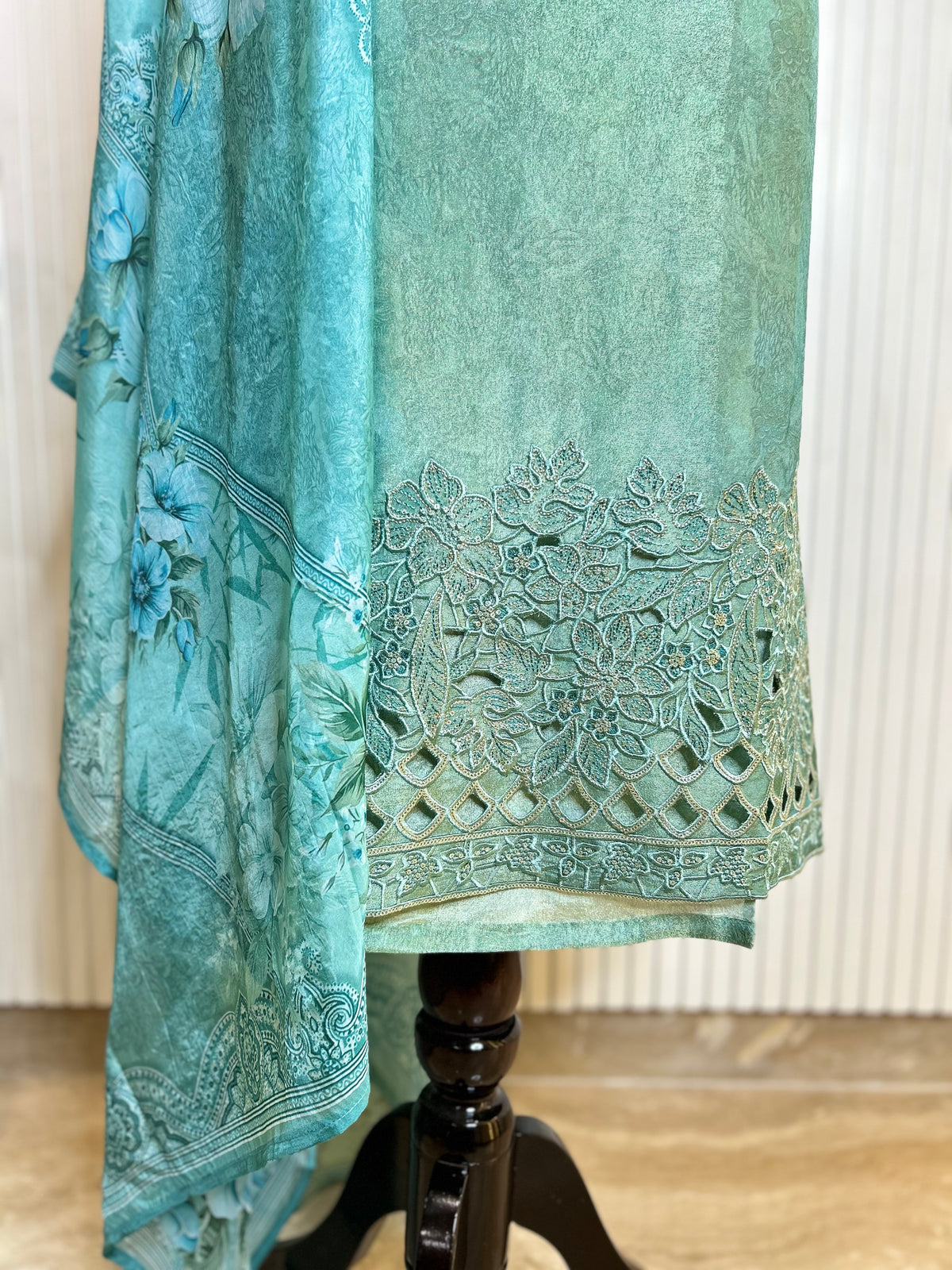 Shimmer Unstitched Printed Suit with Embroidered, Boring And Sequins Work Neck And Embroidered Cutwork Ghera Paired With Digitally Printed Tabby Dupatta