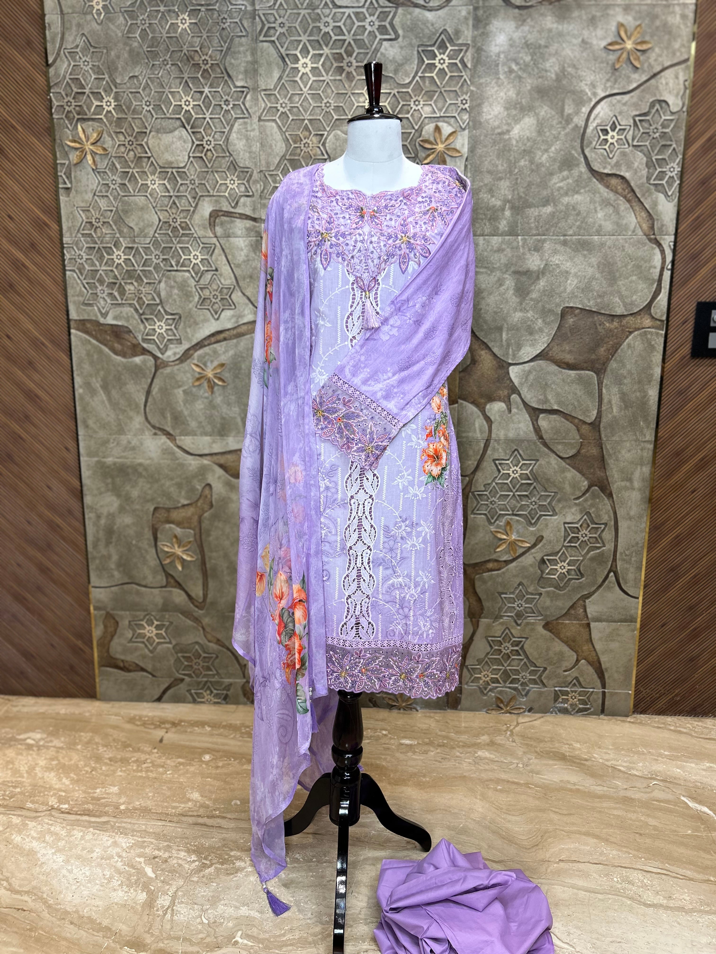 Pakistani Style Cambric Unstitched Suit | Digital Print Front & Back | Thread Embroidery And Boring Work | Lacework on Sleeves & Ghera | Digital Print Chiffon Dupatta | Ethnic Wear for Women