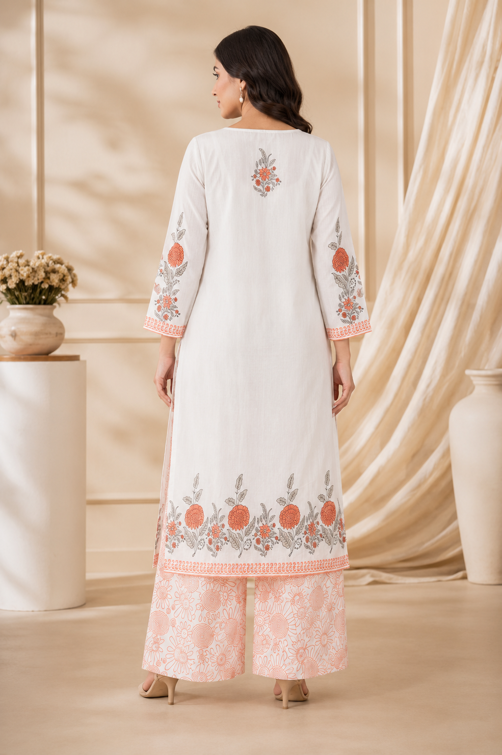 Women's Premium Cotton Block Printed Suit with Minimal Mirror & Beads Work Neck | Front & Back Block Printed Cotton Kurta | Block Printed Cotton Dupatta & Pant | Summer Ethnic Wear
