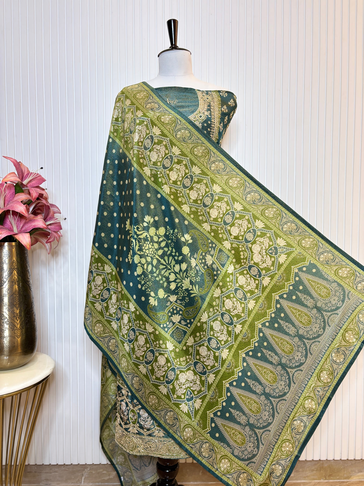 Shimmer Front & Back Printed Unstitched Suit with Dori Embroidery & Beads Work Paired with Digital Print Shimmer Dupatta