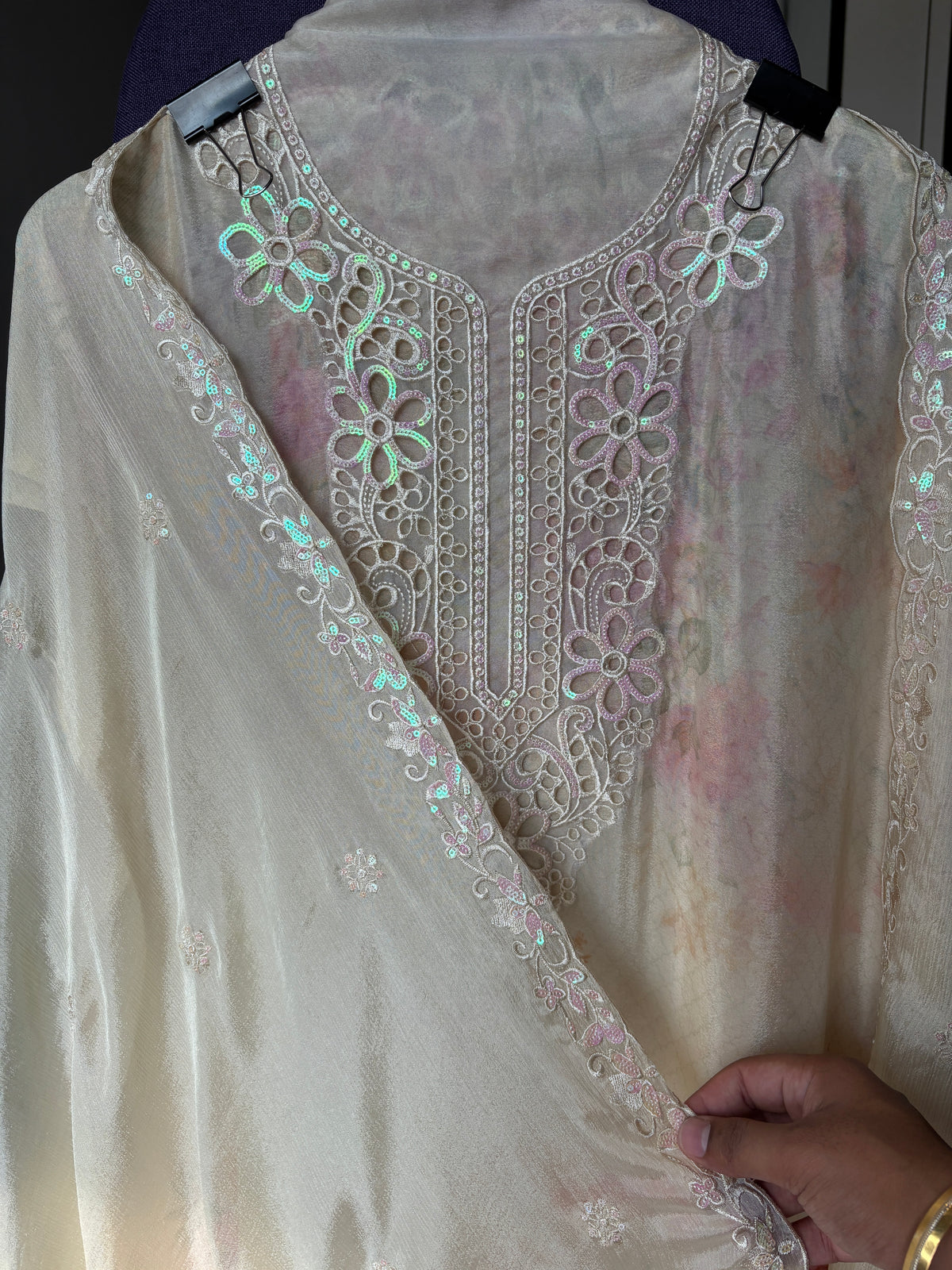 Women's Chinon Fabric Unstitched Suit | Botanical Floral Digital Print Front & Back With Sequin Floral Cutwork Neck, Ghera and Sleeves Paired With Matching Chinon Embroidered Dupatta