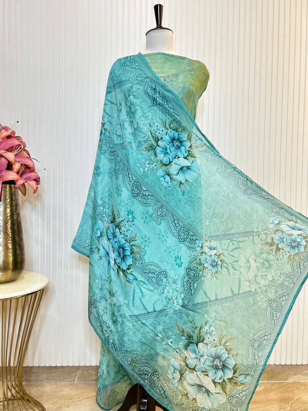 Shimmer Unstitched Printed Suit with Embroidered, Boring And Sequins Work Neck And Embroidered Cutwork Ghera Paired With Digitally Printed Tabby Dupatta