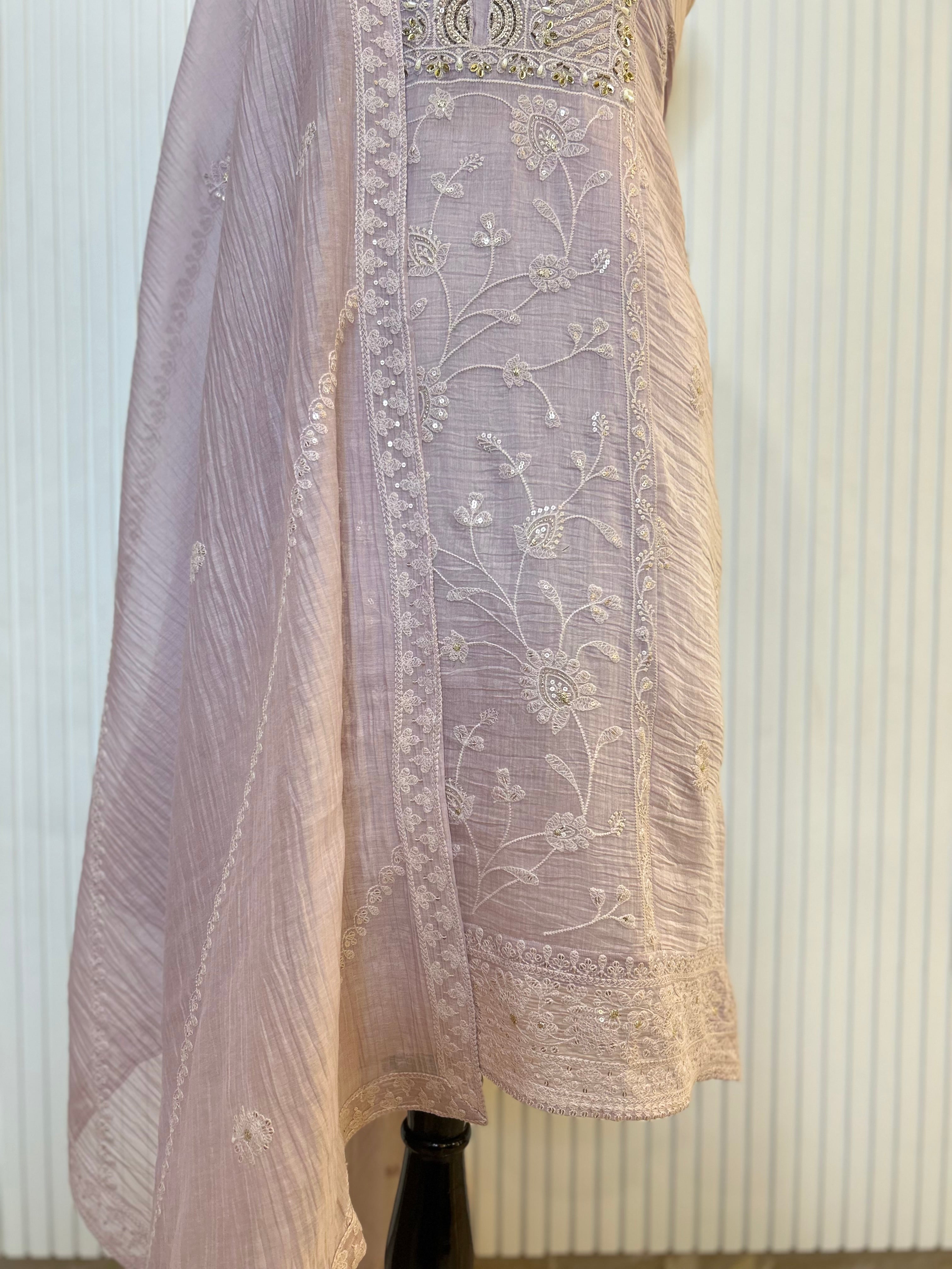 Mul Cotton Embroidered Unstitched Suit Set with Beads Work Neck And Embroidered Mul Cotton Dupatta | Premium Ethnic Wear Material for Women