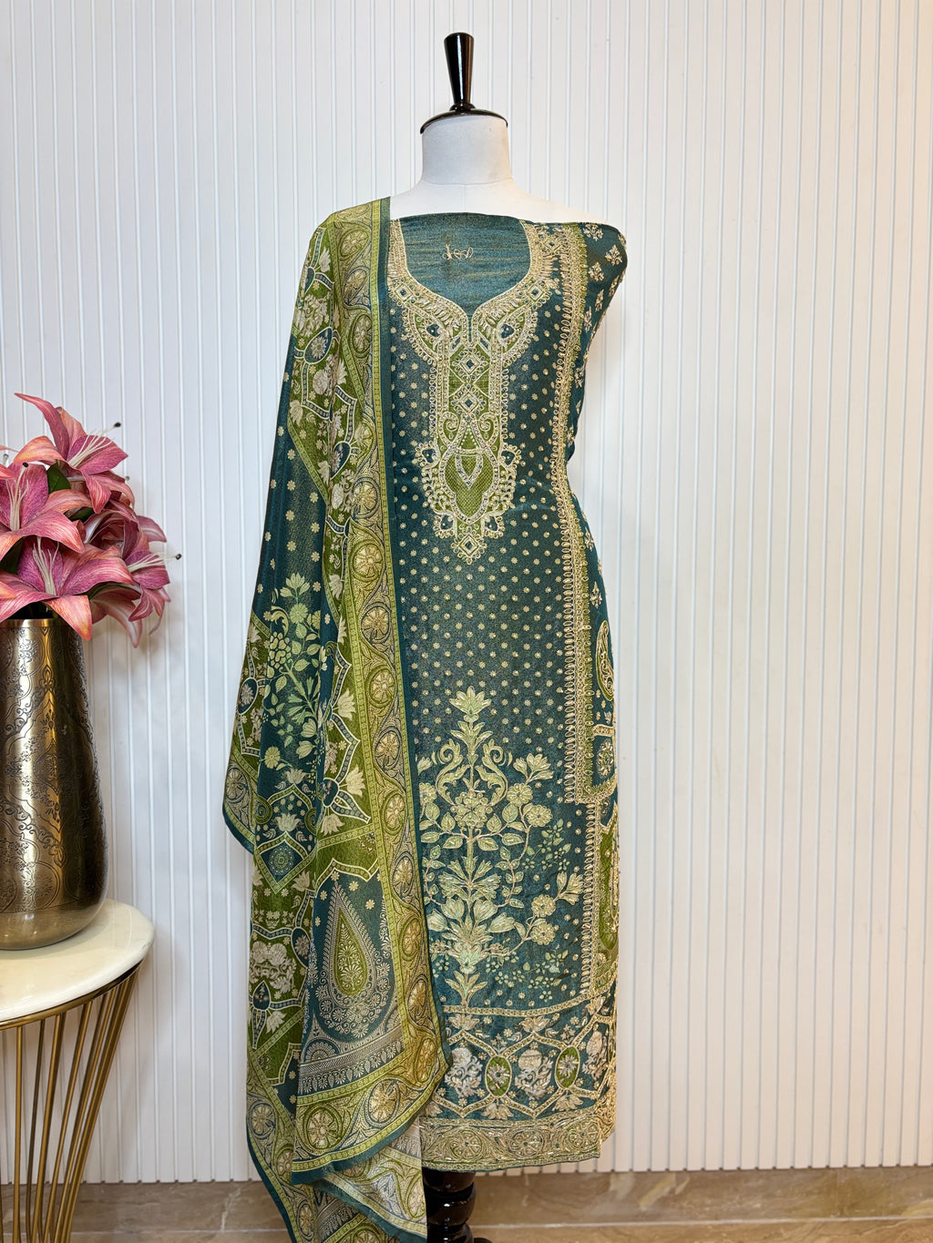 Shimmer Front & Back Printed Unstitched Suit with Dori Embroidery & Beads Work Paired with Digital Print Shimmer Dupatta