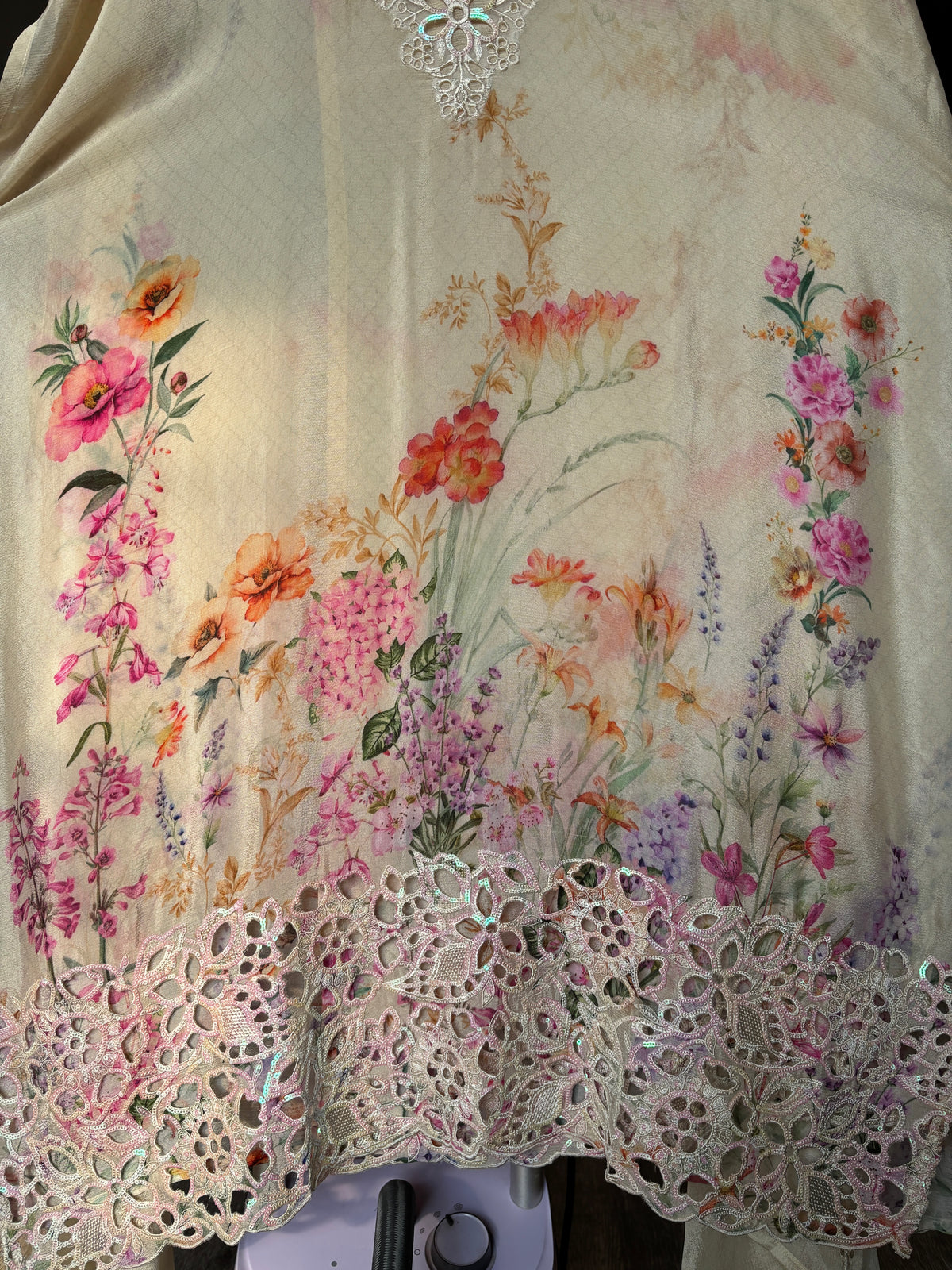 Women's Chinon Fabric Unstitched Suit | Botanical Floral Digital Print Front & Back With Sequin Floral Cutwork Neck, Ghera and Sleeves Paired With Matching Chinon Embroidered Dupatta