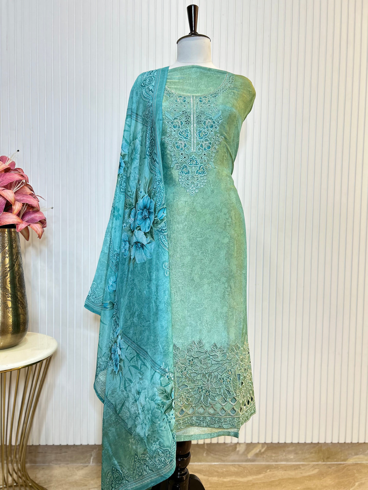Shimmer Unstitched Printed Suit with Embroidered, Boring And Sequins Work Neck And Embroidered Cutwork Ghera Paired With Digitally Printed Tabby Dupatta
