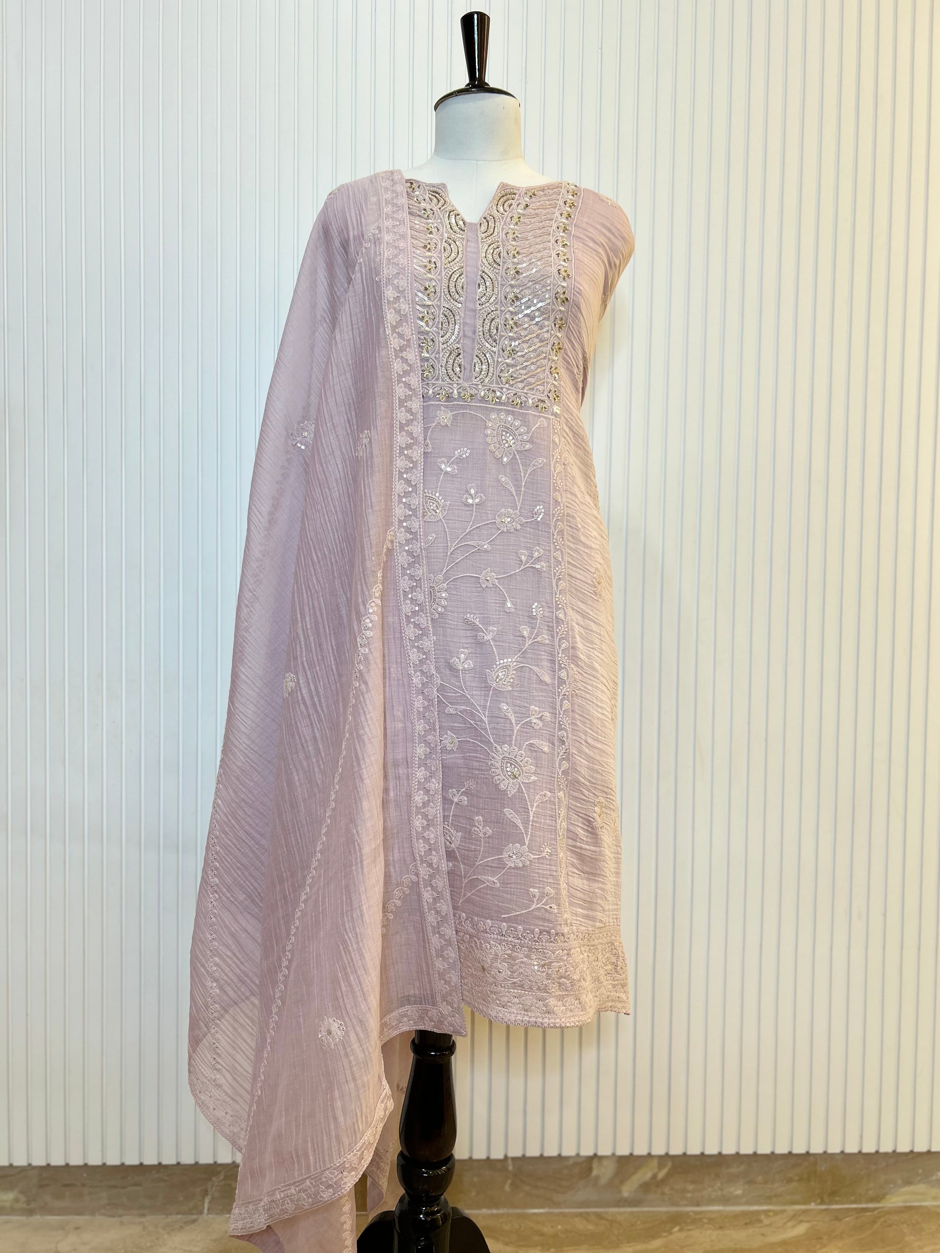 Mul Cotton Embroidered Unstitched Suit Set with Beads Work Neck And Embroidered Mul Cotton Dupatta | Premium Ethnic Wear Material for Women