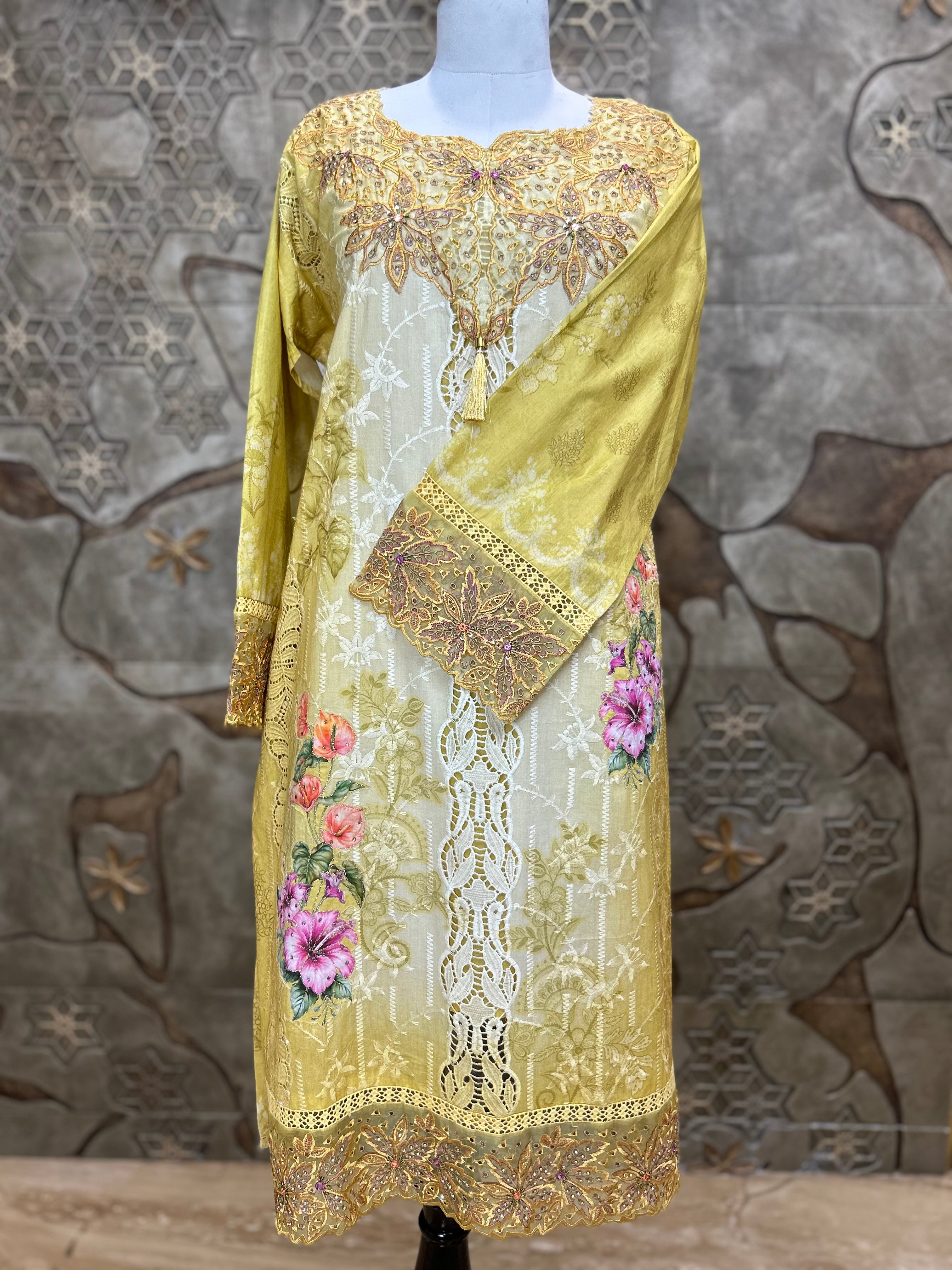 Pakistani Style Cambric Unstitched Suit | Digital Print Front & Back | Thread Embroidery And Boring Work | Lacework on Sleeves & Ghera | Digital Print Chiffon Dupatta | Ethnic Wear for Women