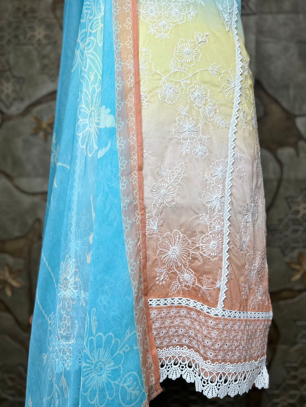Ombre Shade Mul Cotton Unstitched Suit | Floral Thread Embroidery & Cutdana Handwork | Lacework Ghera and Sleeves | Digital Print Back And Chiffon Dupatta