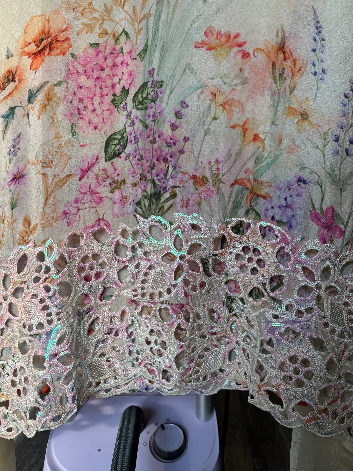 Women's Chinon Fabric Unstitched Suit | Botanical Floral Digital Print Front & Back With Sequin Floral Cutwork Neck, Ghera and Sleeves Paired With Matching Chinon Embroidered Dupatta