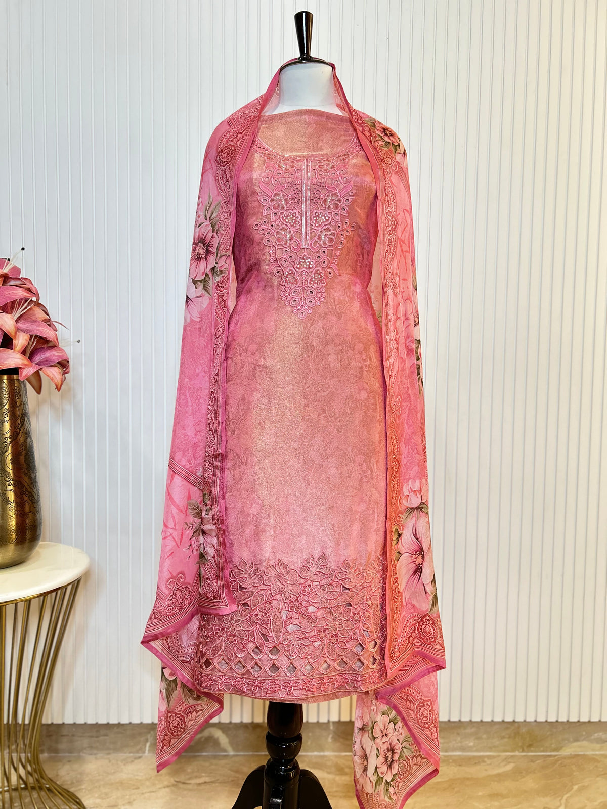 Shimmer Unstitched Printed Suit with Embroidered, Boring And Sequins Work Neck And Embroidered Cutwork Ghera Paired With Digitally Printed Tabby Dupatta