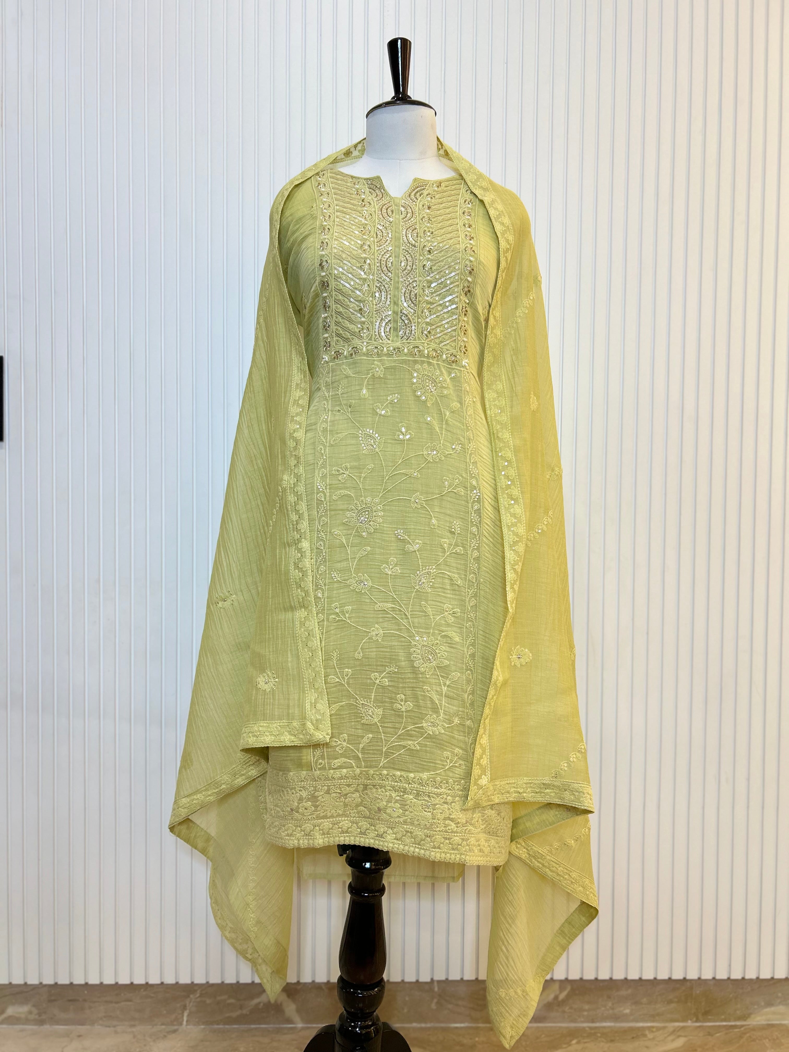 Mul Cotton Embroidered Unstitched Suit Set with Beads Work Neck And Embroidered Mul Cotton Dupatta | Premium Ethnic Wear Material for Women