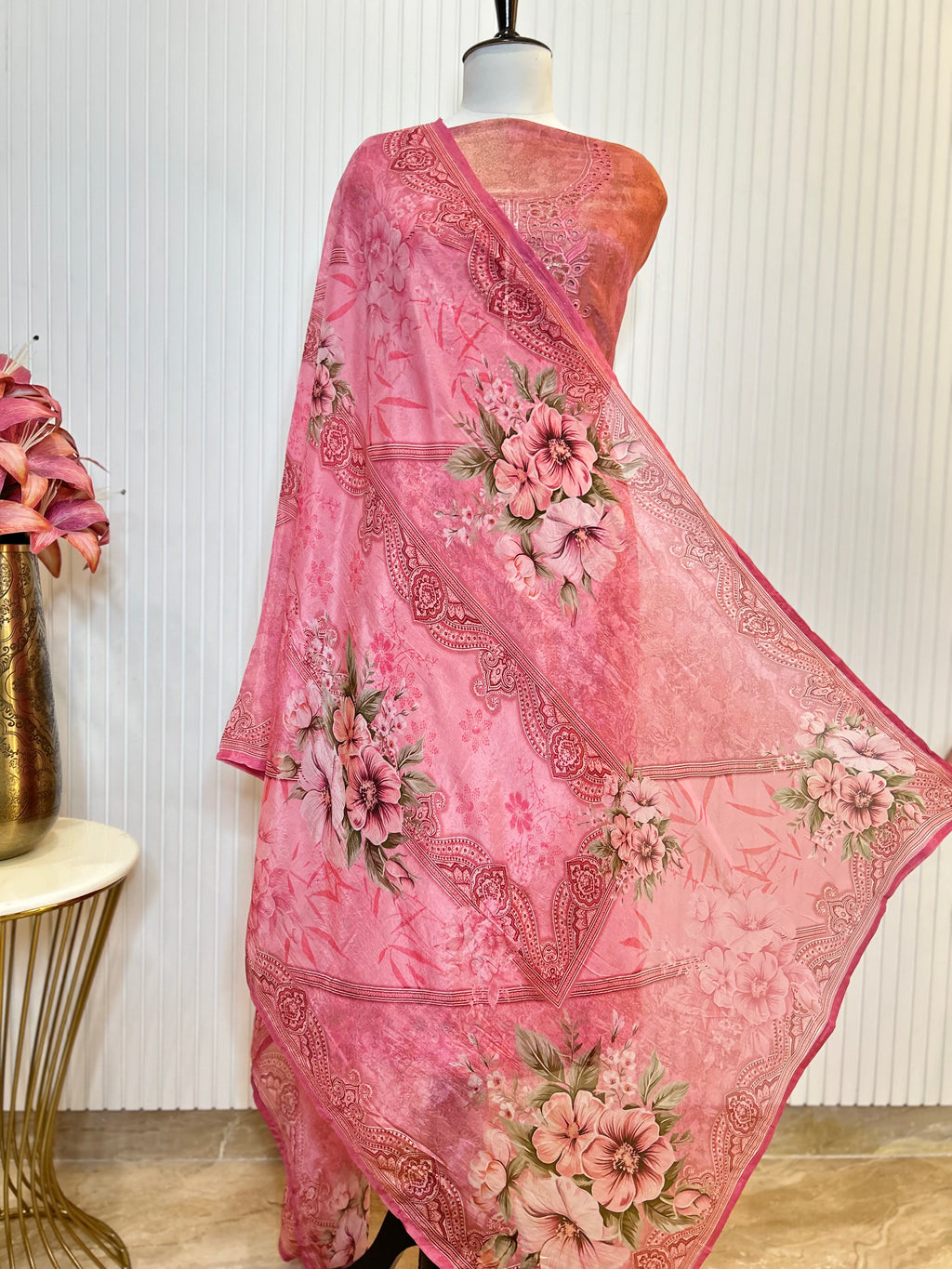Shimmer Unstitched Printed Suit with Embroidered, Boring And Sequins Work Neck And Embroidered Cutwork Ghera Paired With Digitally Printed Tabby Dupatta