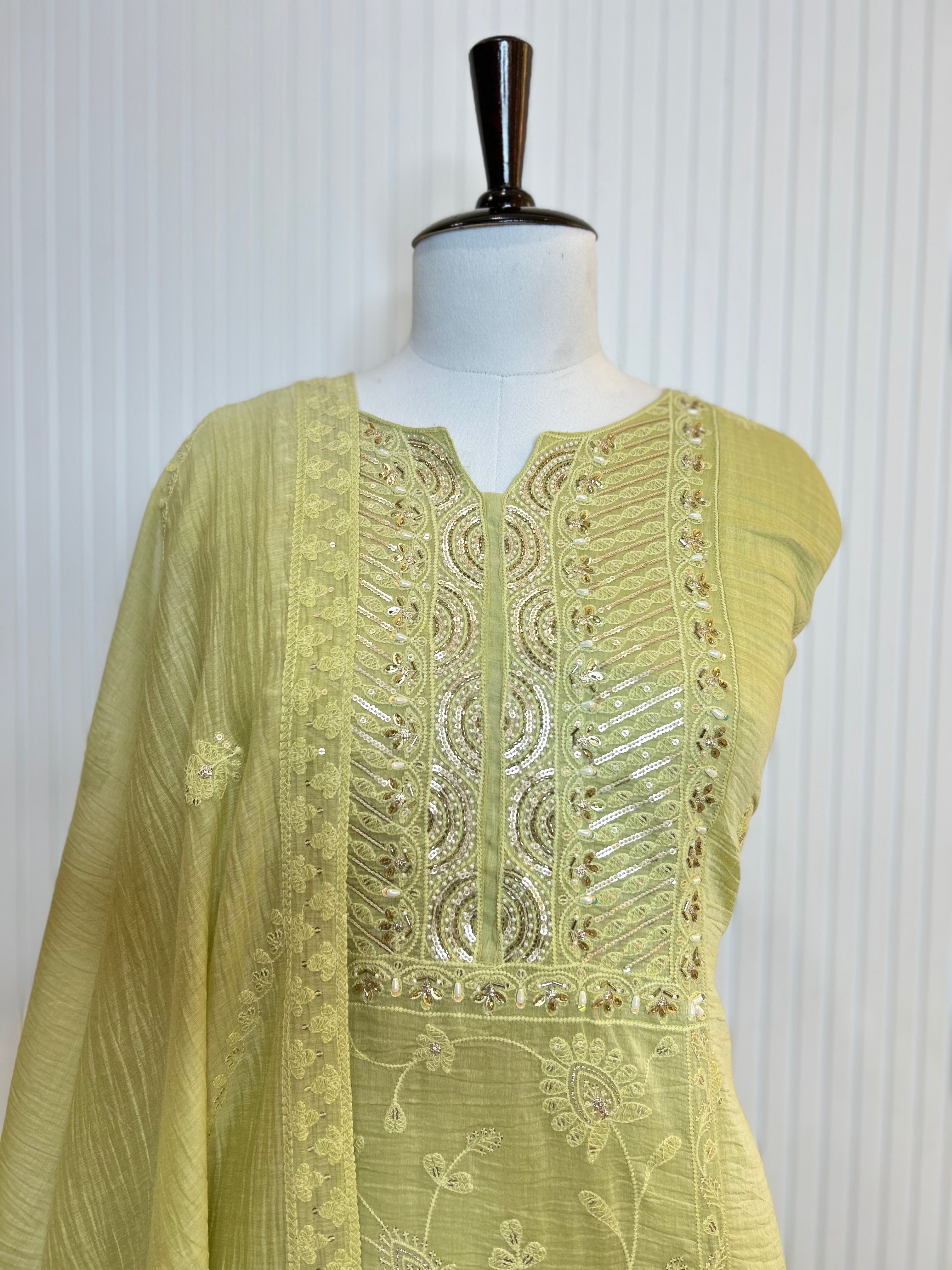 Mul Cotton Embroidered Unstitched Suit Set with Beads Work Neck And Embroidered Mul Cotton Dupatta | Premium Ethnic Wear Material for Women