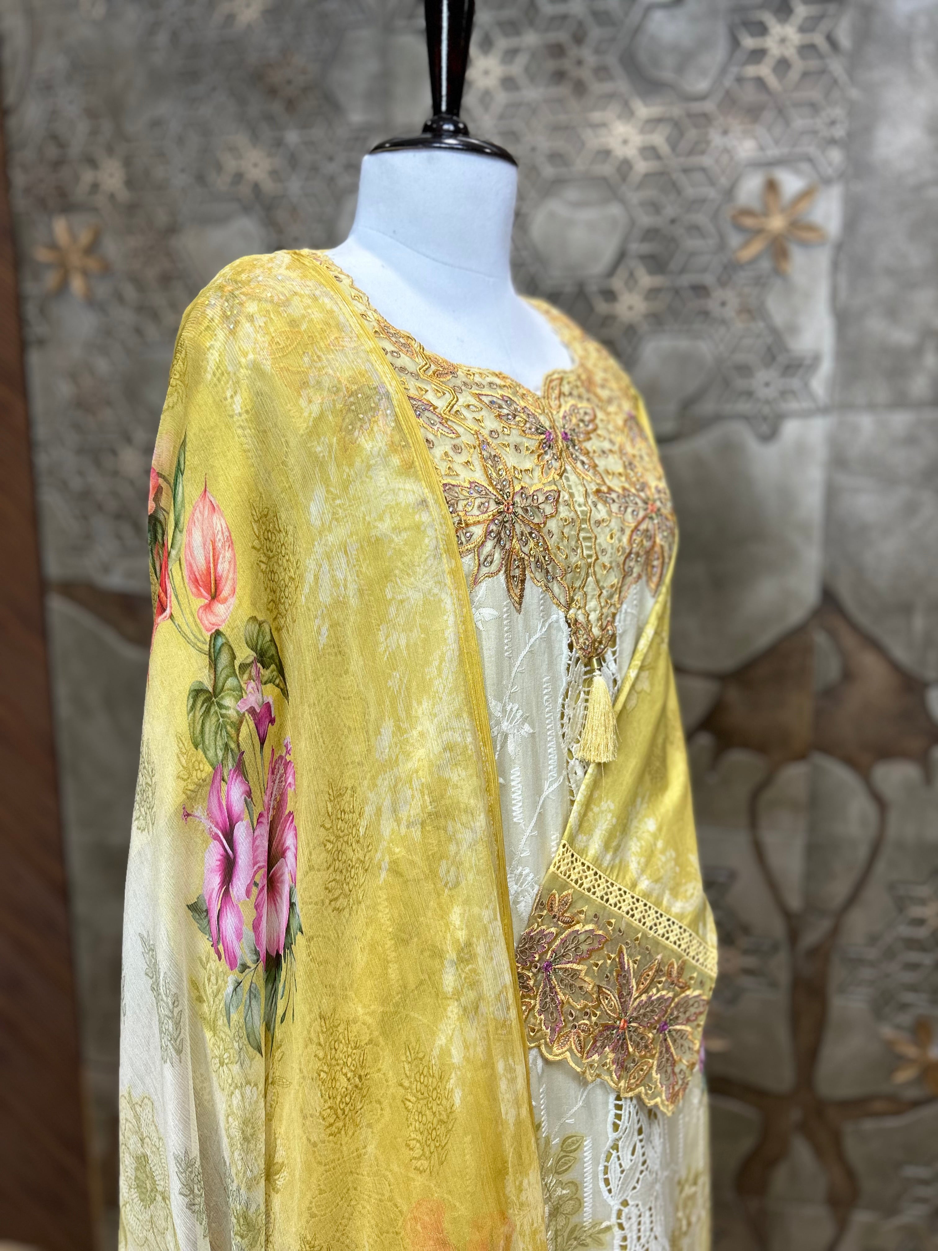 Pakistani Style Cambric Unstitched Suit | Digital Print Front & Back | Thread Embroidery And Boring Work | Lacework on Sleeves & Ghera | Digital Print Chiffon Dupatta | Ethnic Wear for Women