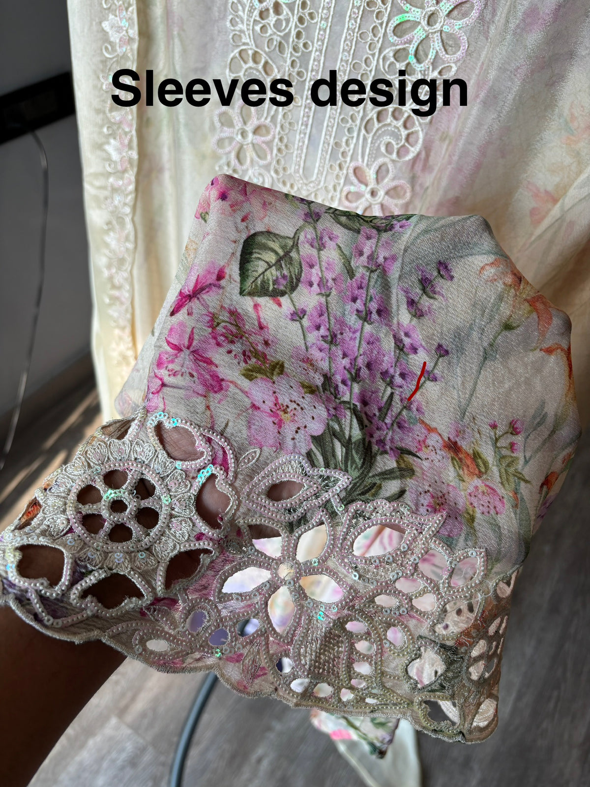 Women's Chinon Fabric Unstitched Suit | Botanical Floral Digital Print Front & Back With Sequin Floral Cutwork Neck, Ghera and Sleeves Paired With Matching Chinon Embroidered Dupatta