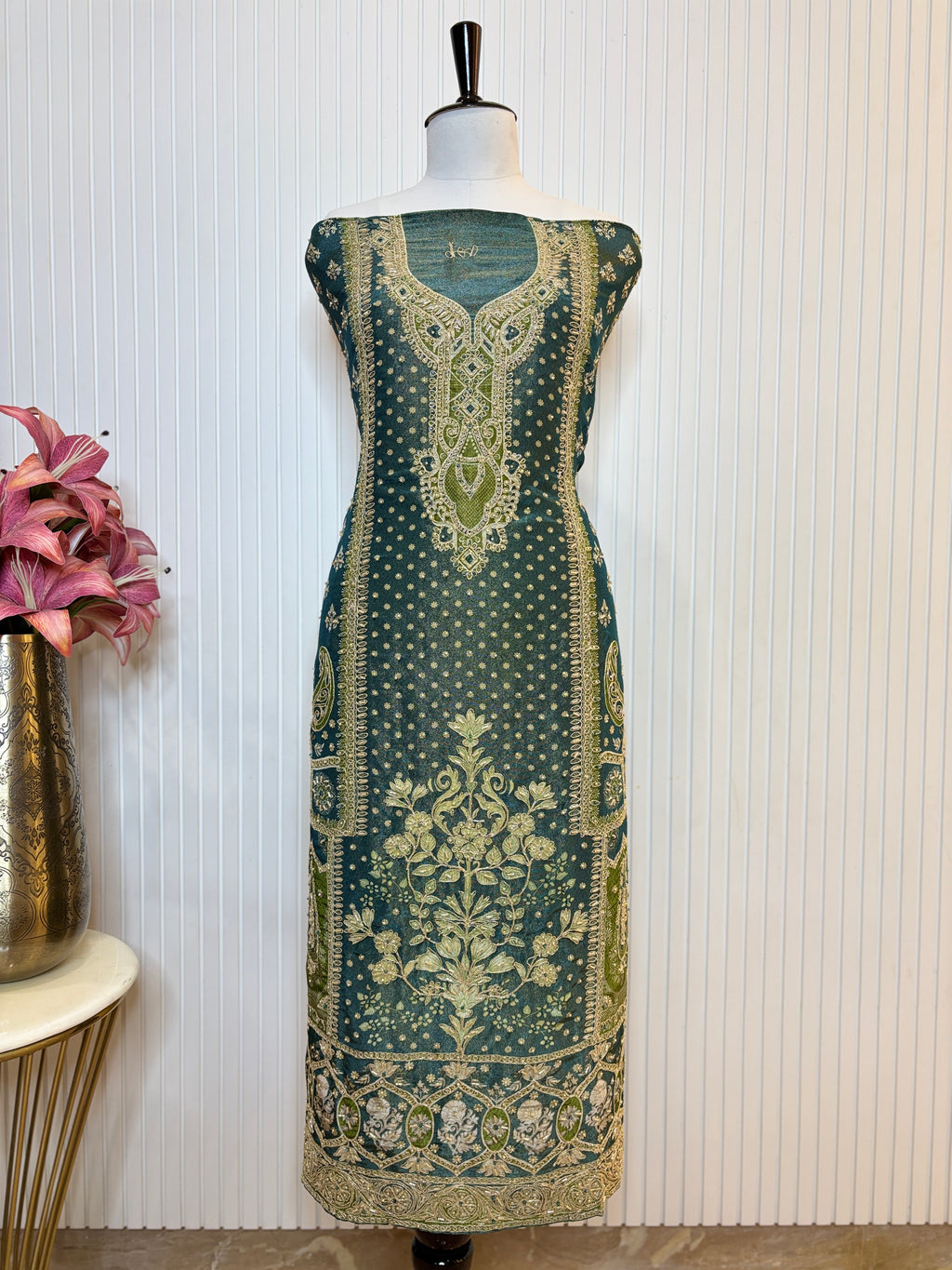 Shimmer Front & Back Printed Unstitched Suit with Dori Embroidery & Beads Work Paired with Digital Print Shimmer Dupatta