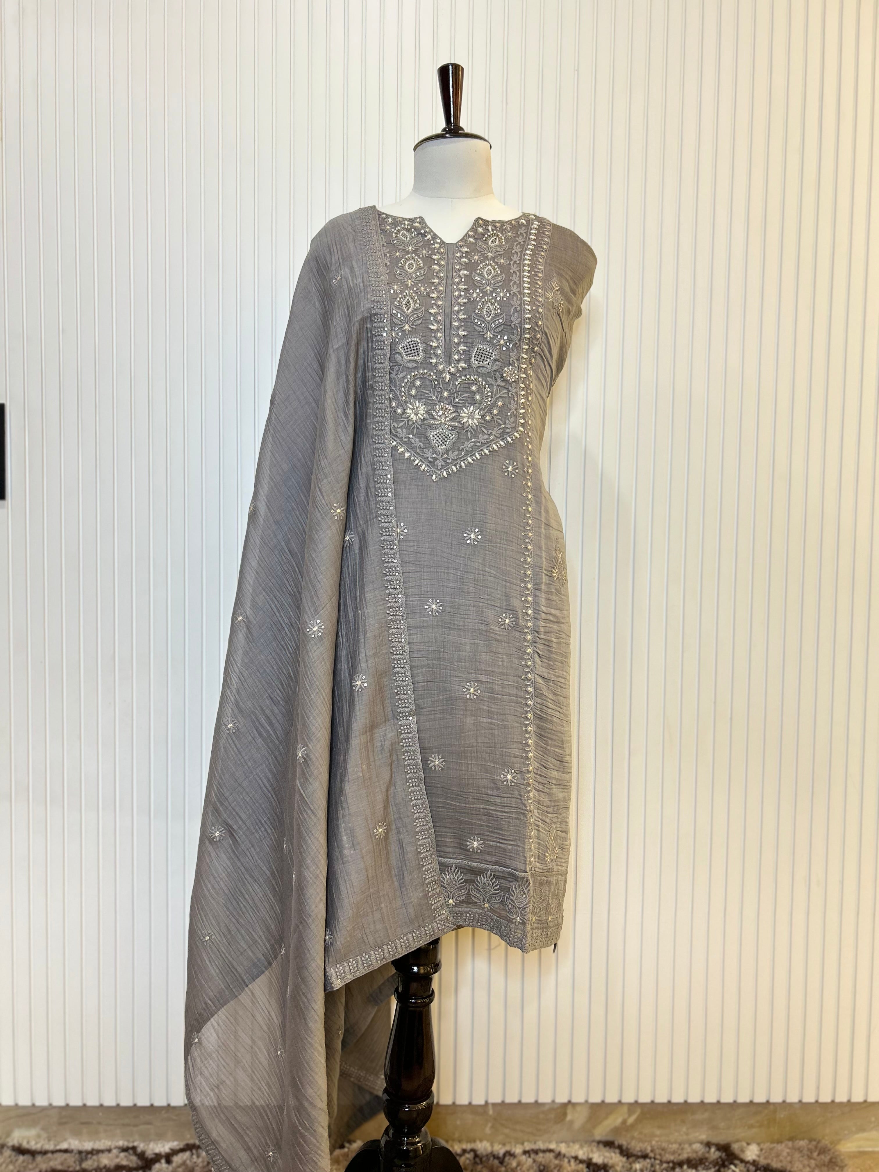 Mul Cotton Embroidered Unstitched Suit Set with Hand Beads Work & Embroidered Mul Cotton Dupatta | Premium Ethnic Salwar Suit Material for Women
