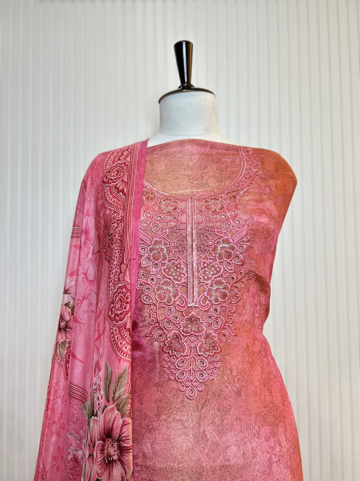 Shimmer Unstitched Printed Suit with Embroidered, Boring And Sequins Work Neck And Embroidered Cutwork Ghera Paired With Digitally Printed Tabby Dupatta