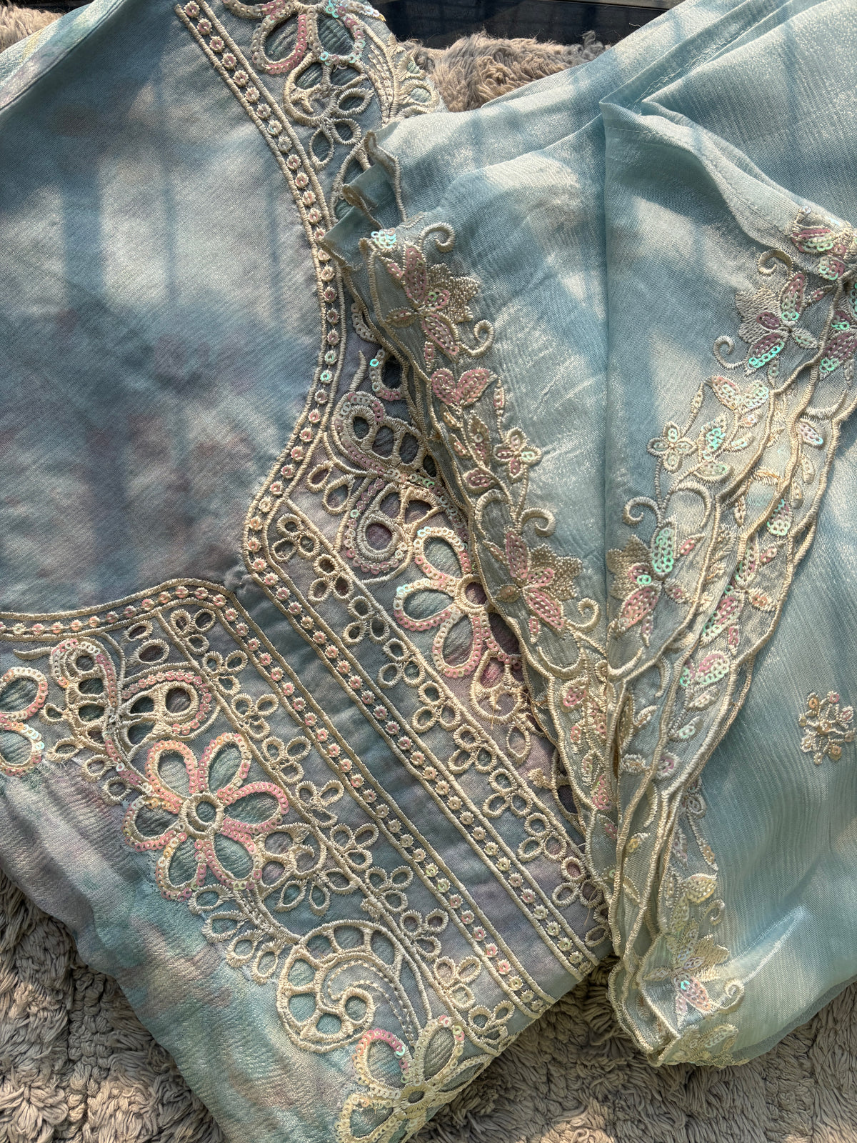 Women's Chinon Fabric Unstitched Suit | Botanical Floral Digital Print Front & Back With Sequin Floral Cutwork Neck, Ghera and Sleeves Paired With Matching Chinon Embroidered Dupatta