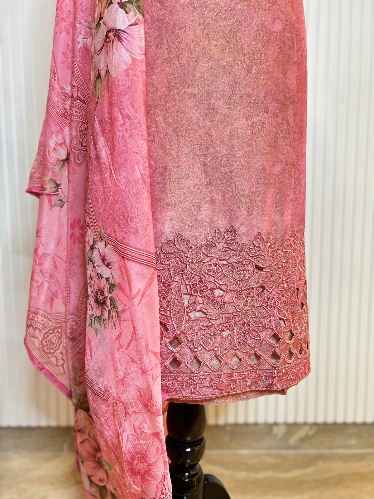 Shimmer Unstitched Printed Suit with Embroidered, Boring And Sequins Work Neck And Embroidered Cutwork Ghera Paired With Digitally Printed Tabby Dupatta