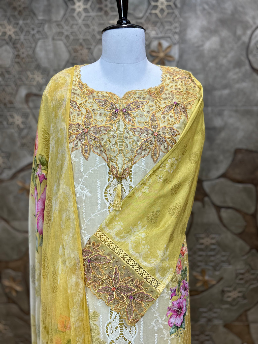Pakistani Style Cambric Unstitched Suit | Digital Print Front & Back | Thread Embroidery And Boring Work | Lacework on Sleeves & Ghera | Digital Print Chiffon Dupatta | Ethnic Wear for Women