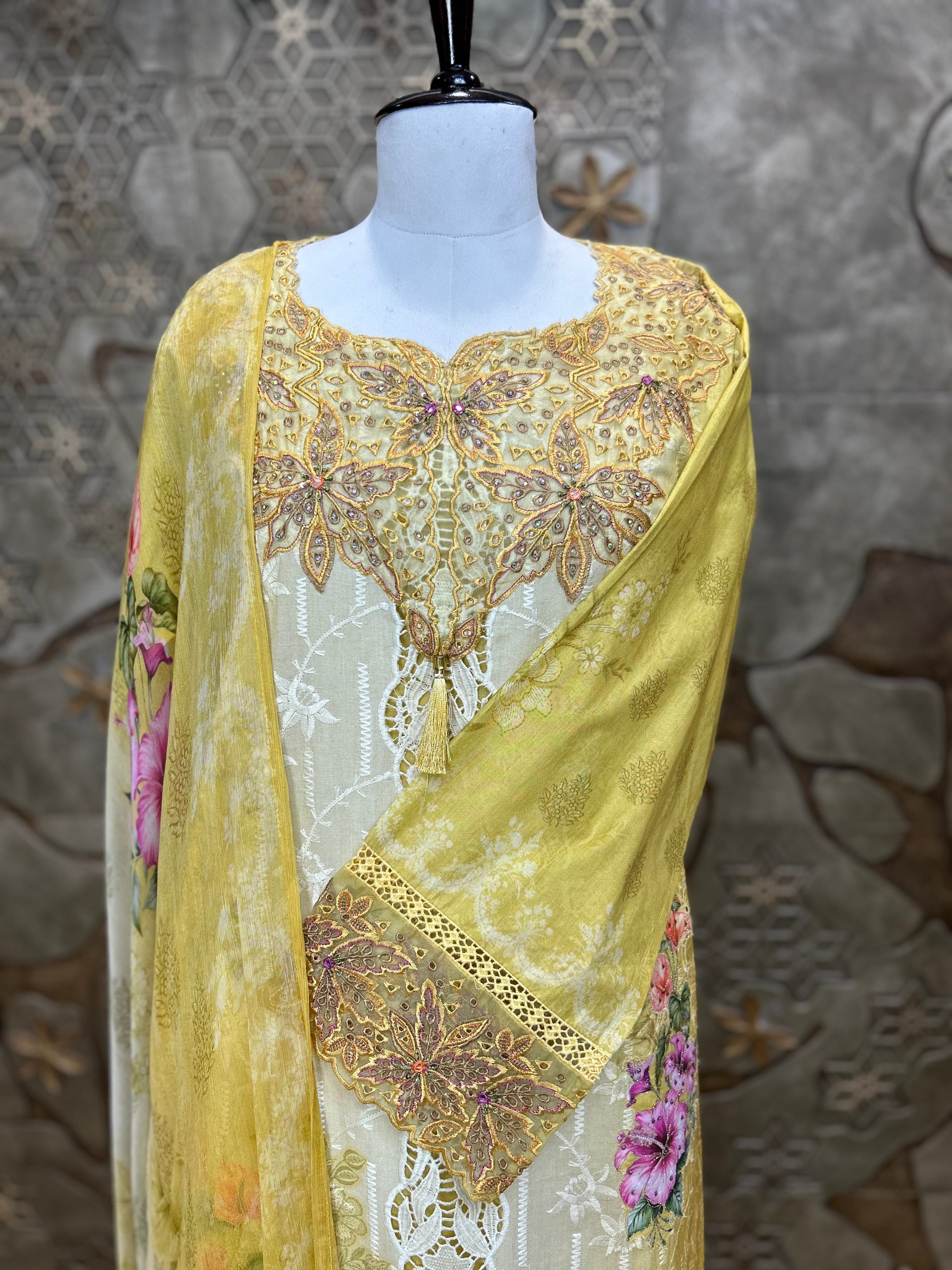 Pakistani Style Cambric Unstitched Suit | Digital Print Front & Back | Thread Embroidery And Boring Work | Lacework on Sleeves & Ghera | Digital Print Chiffon Dupatta | Ethnic Wear for Women