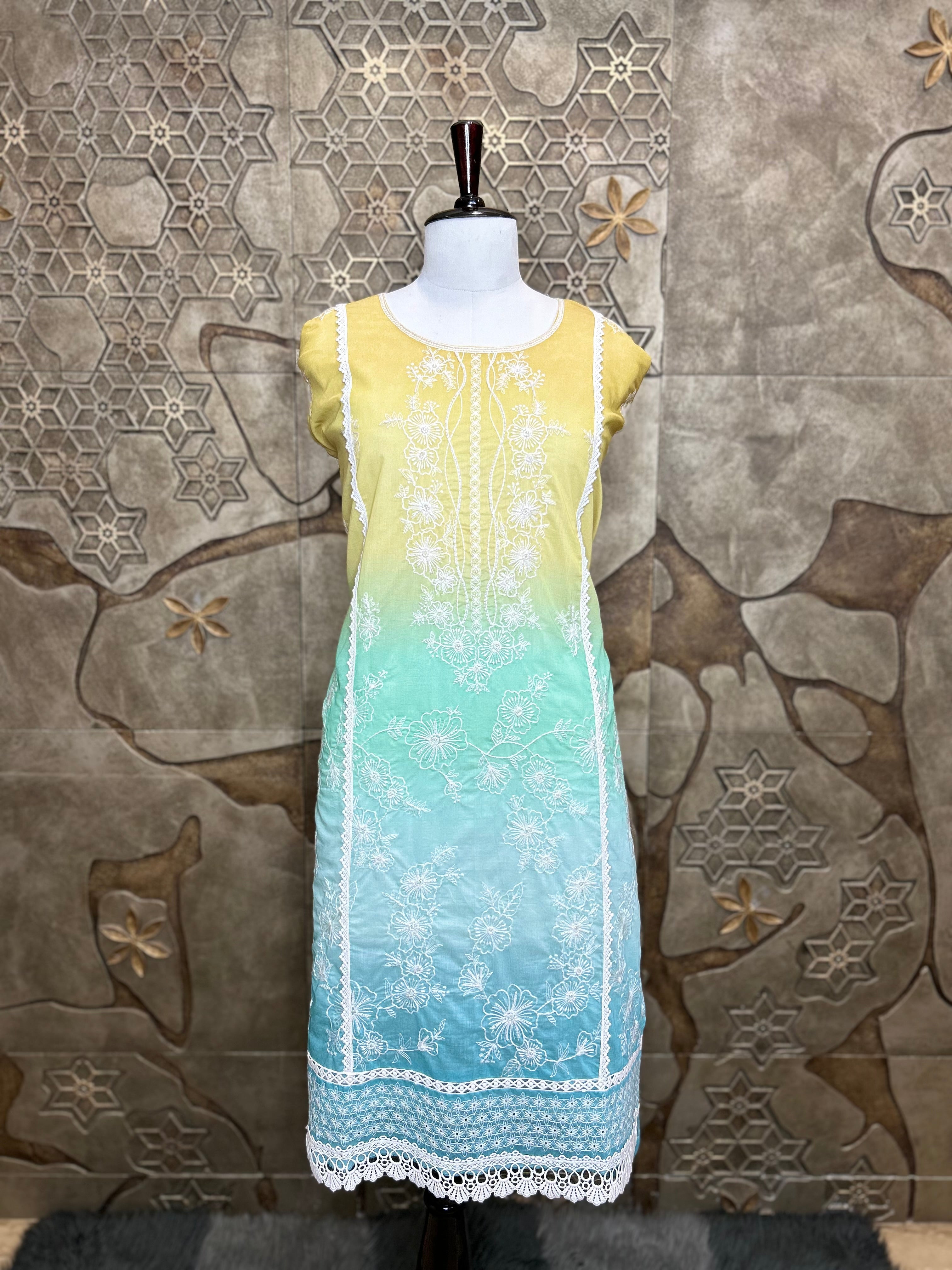 Ombre Shade Mul Cotton Unstitched Suit | Floral Thread Embroidery & Cutdana Handwork | Lacework Ghera and Sleeves | Digital Print Back And Chiffon Dupatta