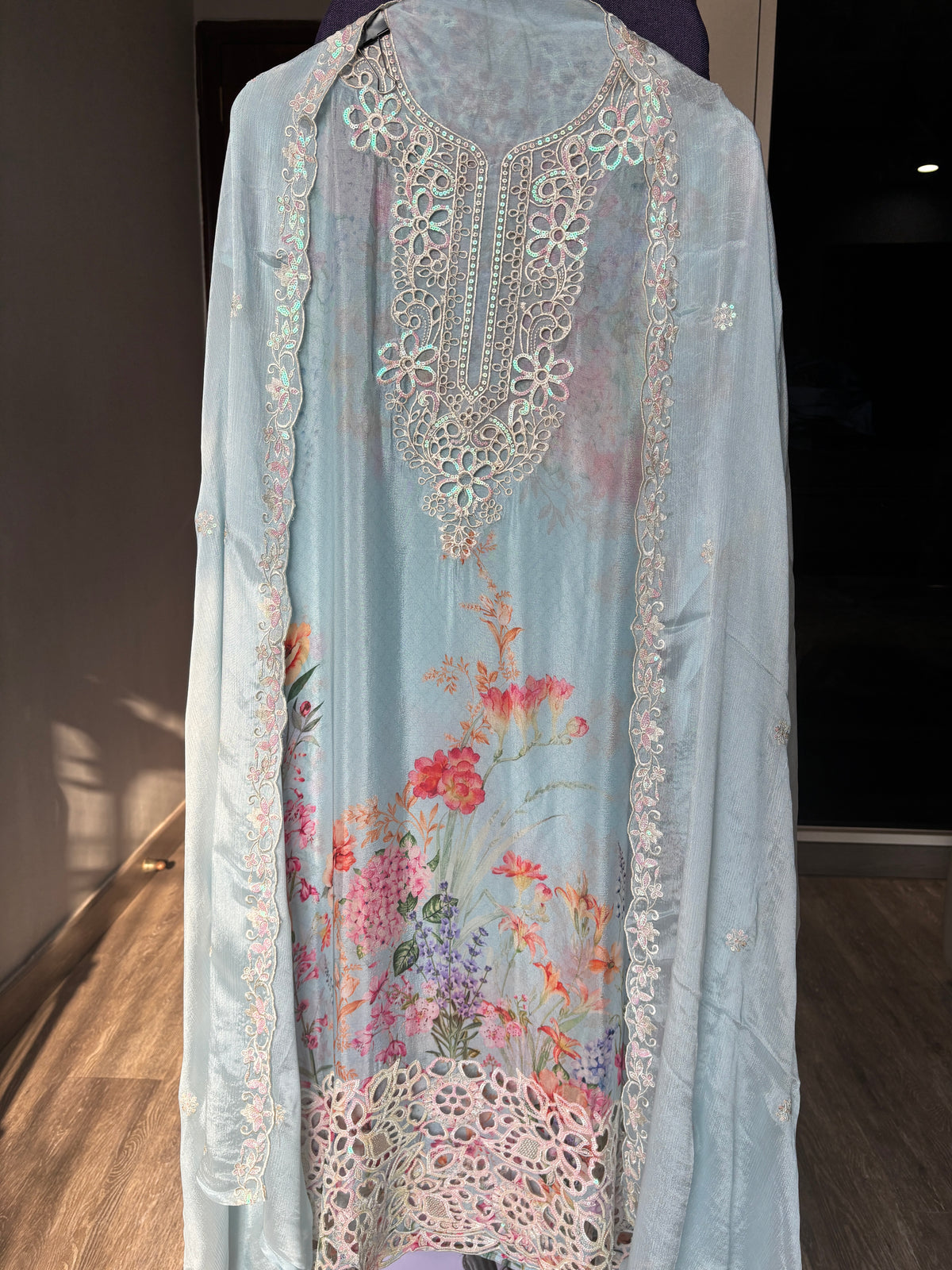 Women's Chinon Fabric Unstitched Suit | Botanical Floral Digital Print Front & Back With Sequin Floral Cutwork Neck, Ghera and Sleeves Paired With Matching Chinon Embroidered Dupatta