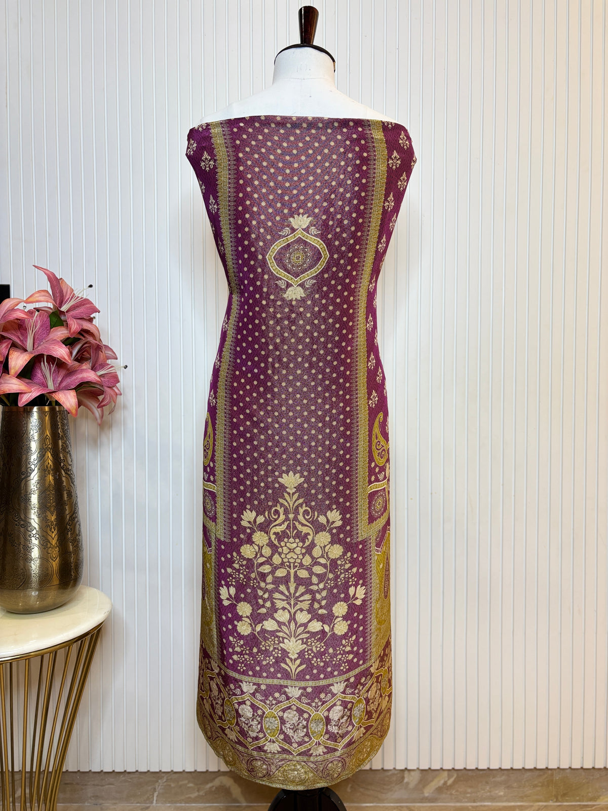 Shimmer Front & Back Printed Unstitched Suit with Dori Embroidery & Beads Work Paired with Digital Print Shimmer Dupatta